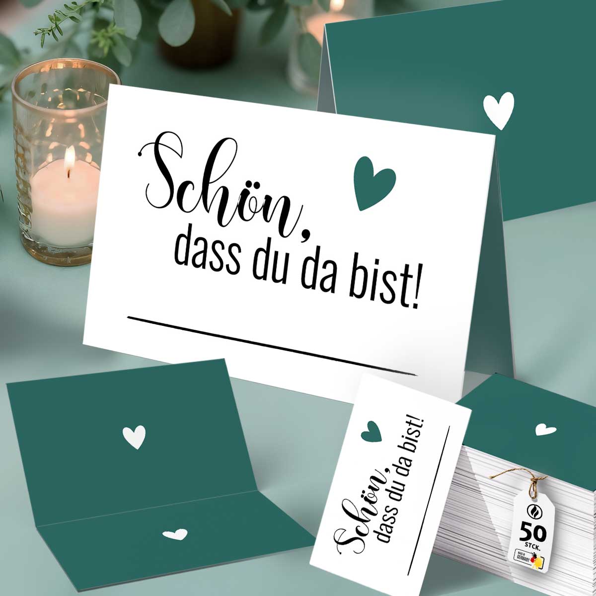 Tischkarten Hochzeit Grün Schön dass du da bist 50 Stück stilvoll emotional Gästedeko
