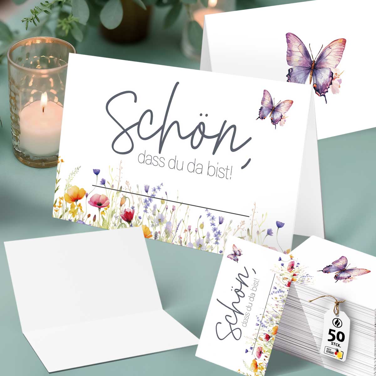 50 Tischkarten Schön dass du da bist florales Design Schmetterling Hochzeit Tischdeko