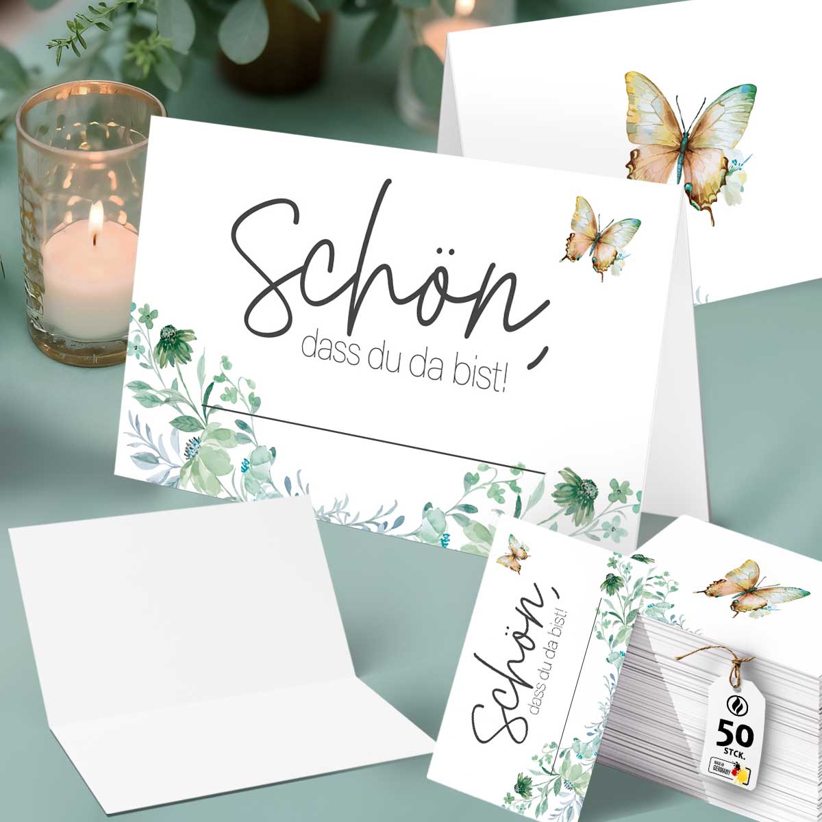 50 Tischkarten Schön dass du da bist salbeigrün floral elegant für Hochzeit Geburtstag Event