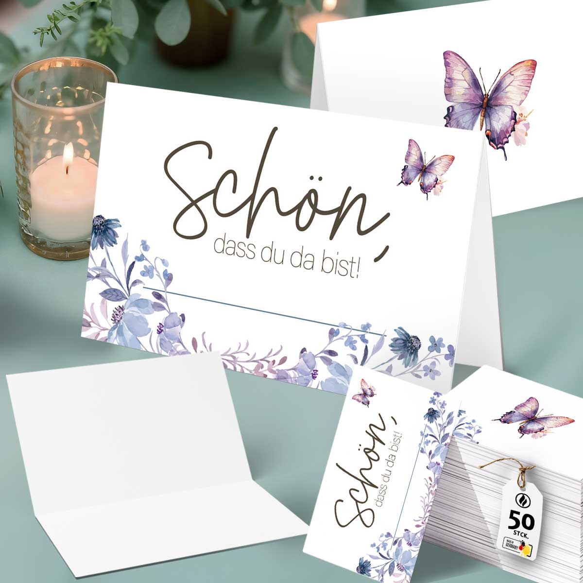 50 Tischkarten Hochzeit Schön dass du da bist floral Schmetterling lila Deko