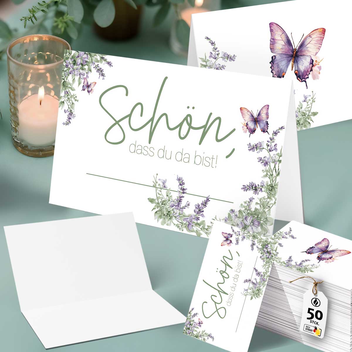 50 Tischkarten Schön, dass du da bist, Floral Butterfly Lavendelgrün