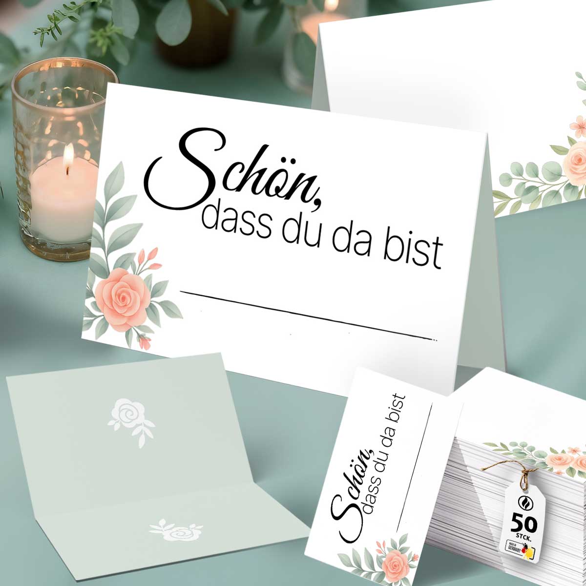 50 Tischkarten Schön dass du da bist floral - elegant für Hochzeit & besondere Anlässe