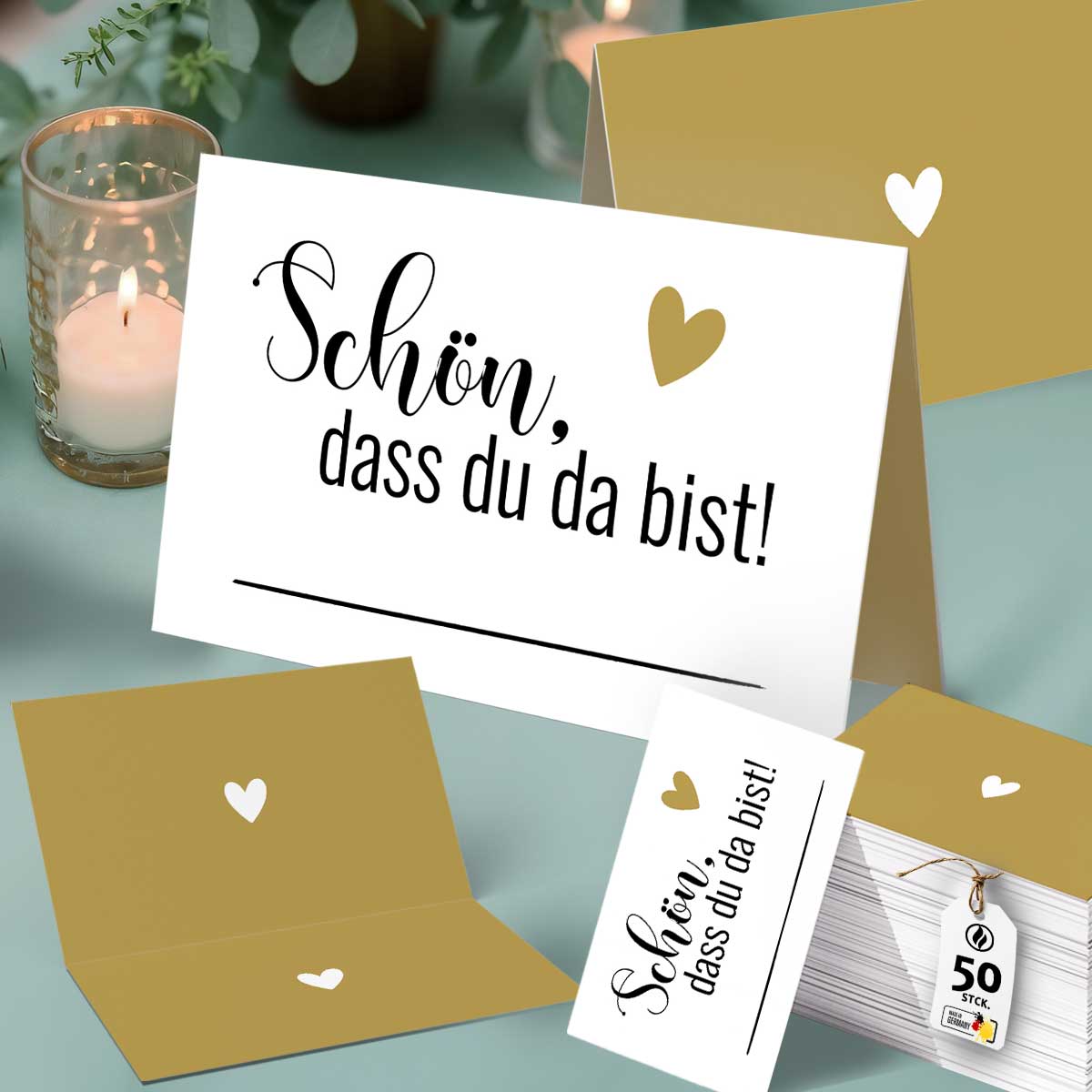 50 Tischkarten Hochzeit Schön dass du da bist Herz gold beige Eleganz für Gästebegrüßung