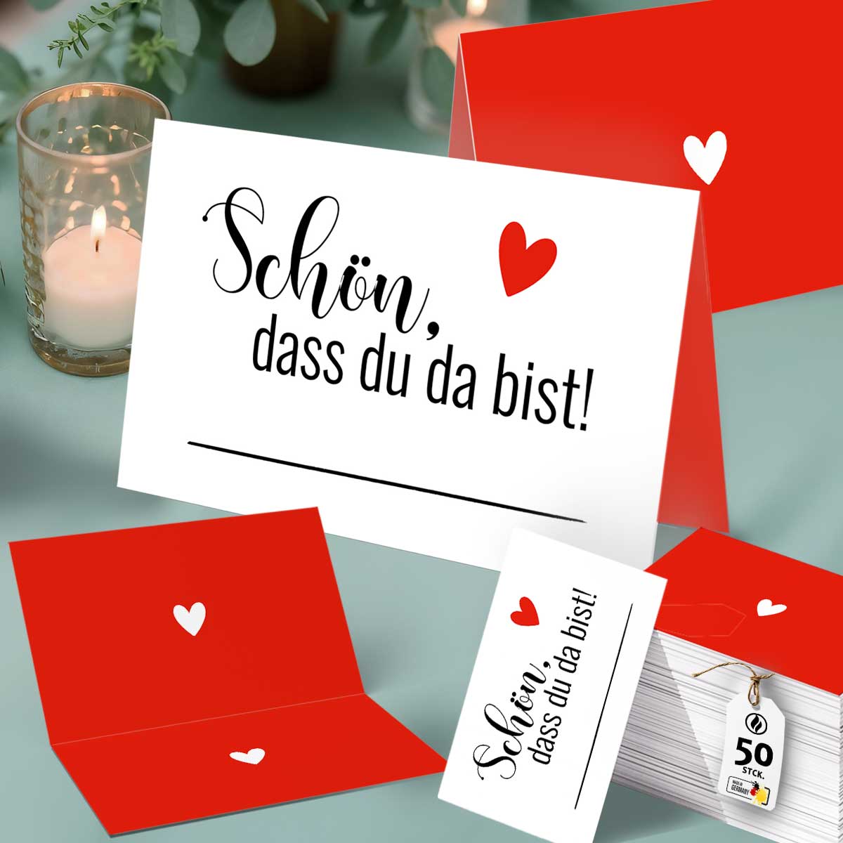 Tischkarten Schön, dass du da bist Rot Herz 50 für Hochzeit Geburtstag Events Deko