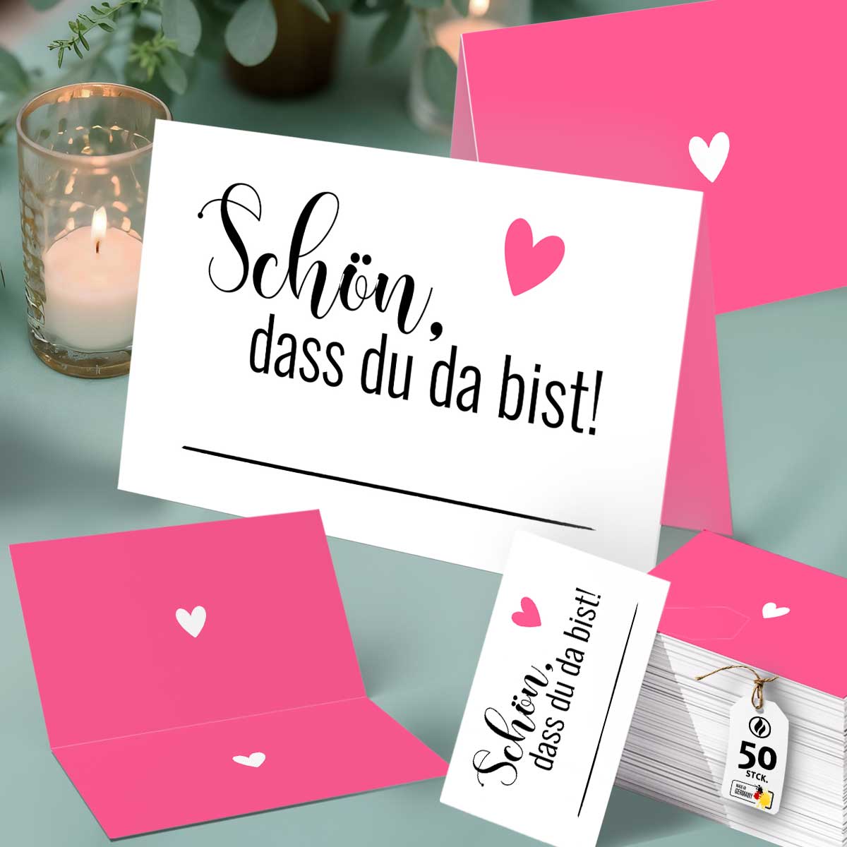 50 Tischkarten „Schön, dass du da bist“ – Platzkarten mit pinkem Herzmotiv