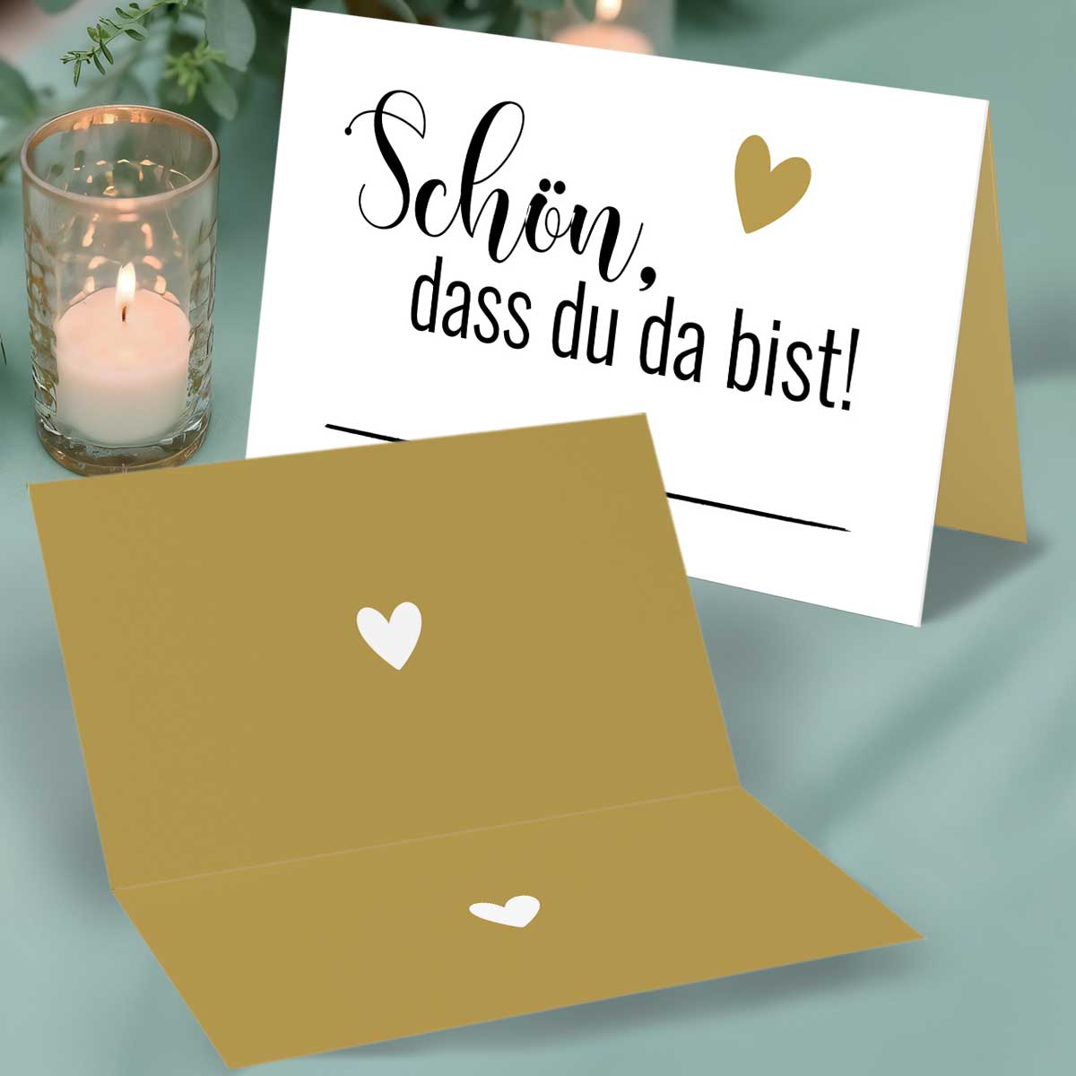 50 Tischkarten Hochzeit Schön dass du da bist Herz gold beige Eleganz für Gästebegrüßung