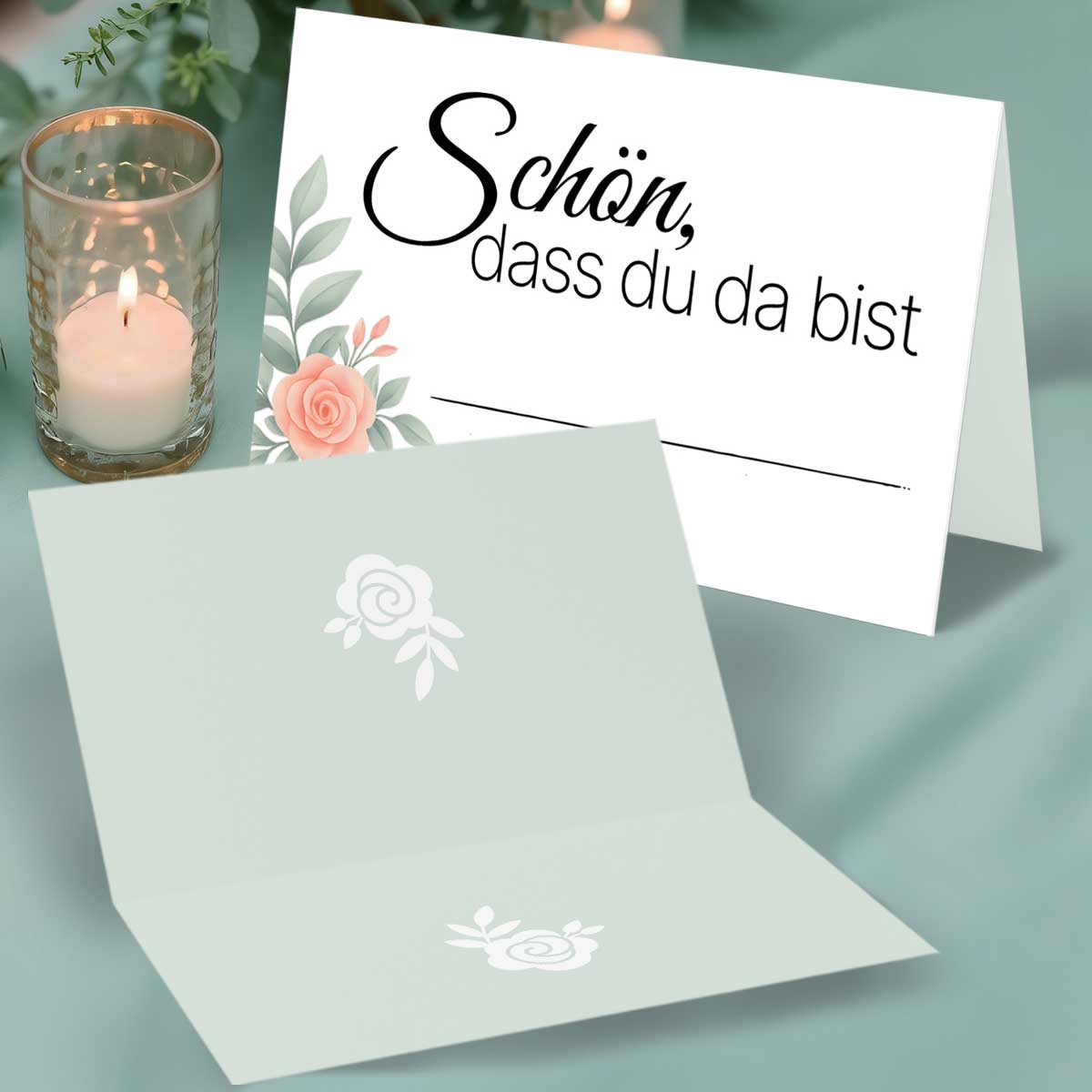 50 Tischkarten Schön dass du da bist floral - elegant für Hochzeit & besondere Anlässe