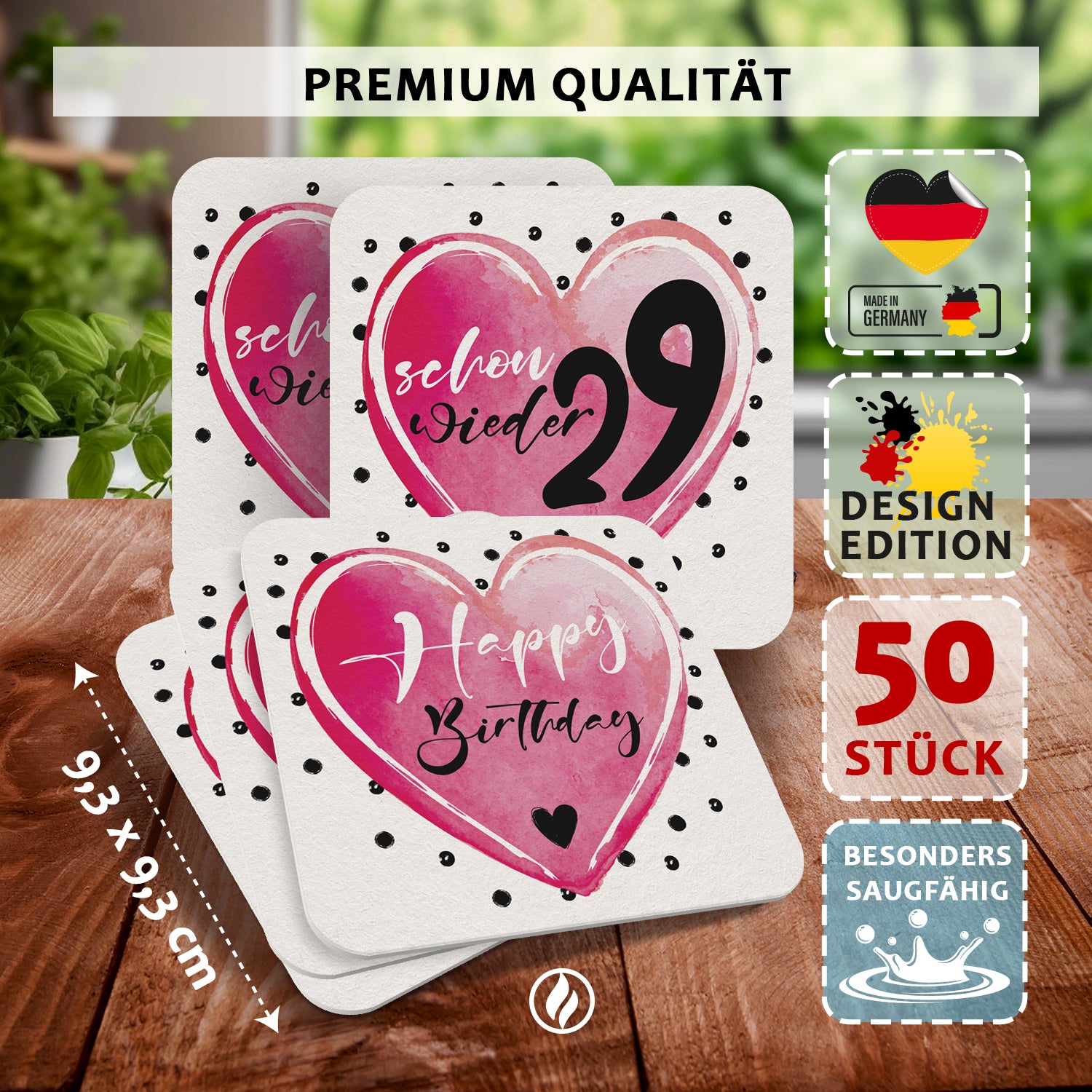 50 Bierdeckel Geburtstag Schon wieder 29 Herz, Schon wieder 29 Weiß/Pink