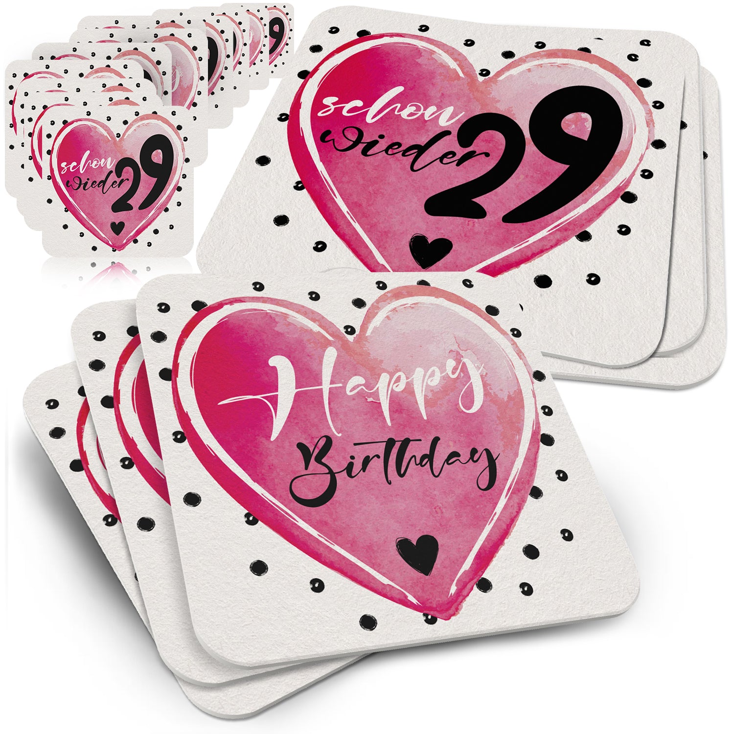 50 Bierdeckel Geburtstag Schon wieder 29 Herz, Schon wieder 29 Weiß/Pink