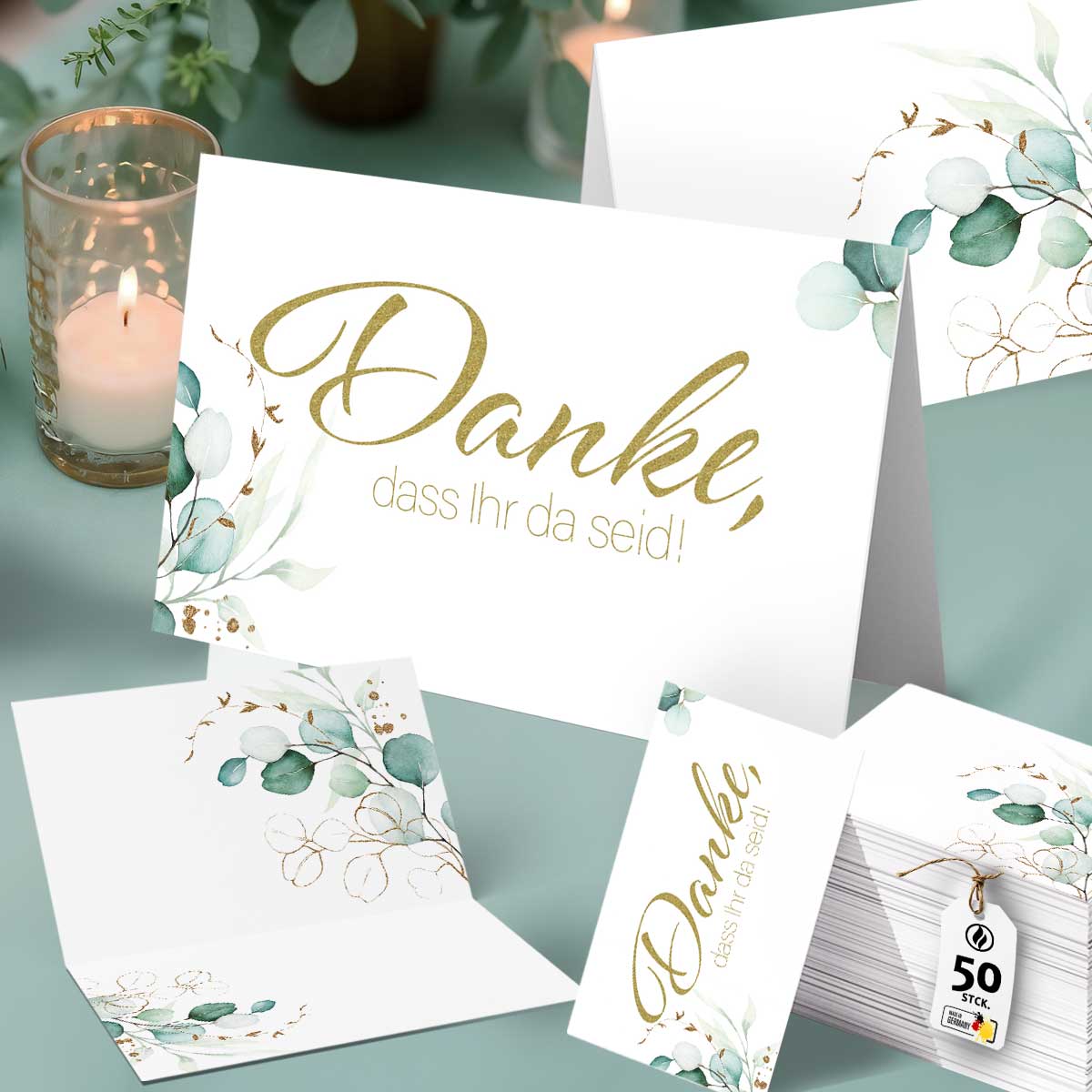 50 Tischkarten Danke Eukalyptus Gold, Greenery Efeu