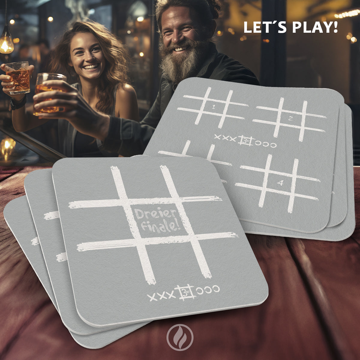 50 Bierdeckel Spiel Tic Tac Toe grau, Dreier Finale Party & Feier