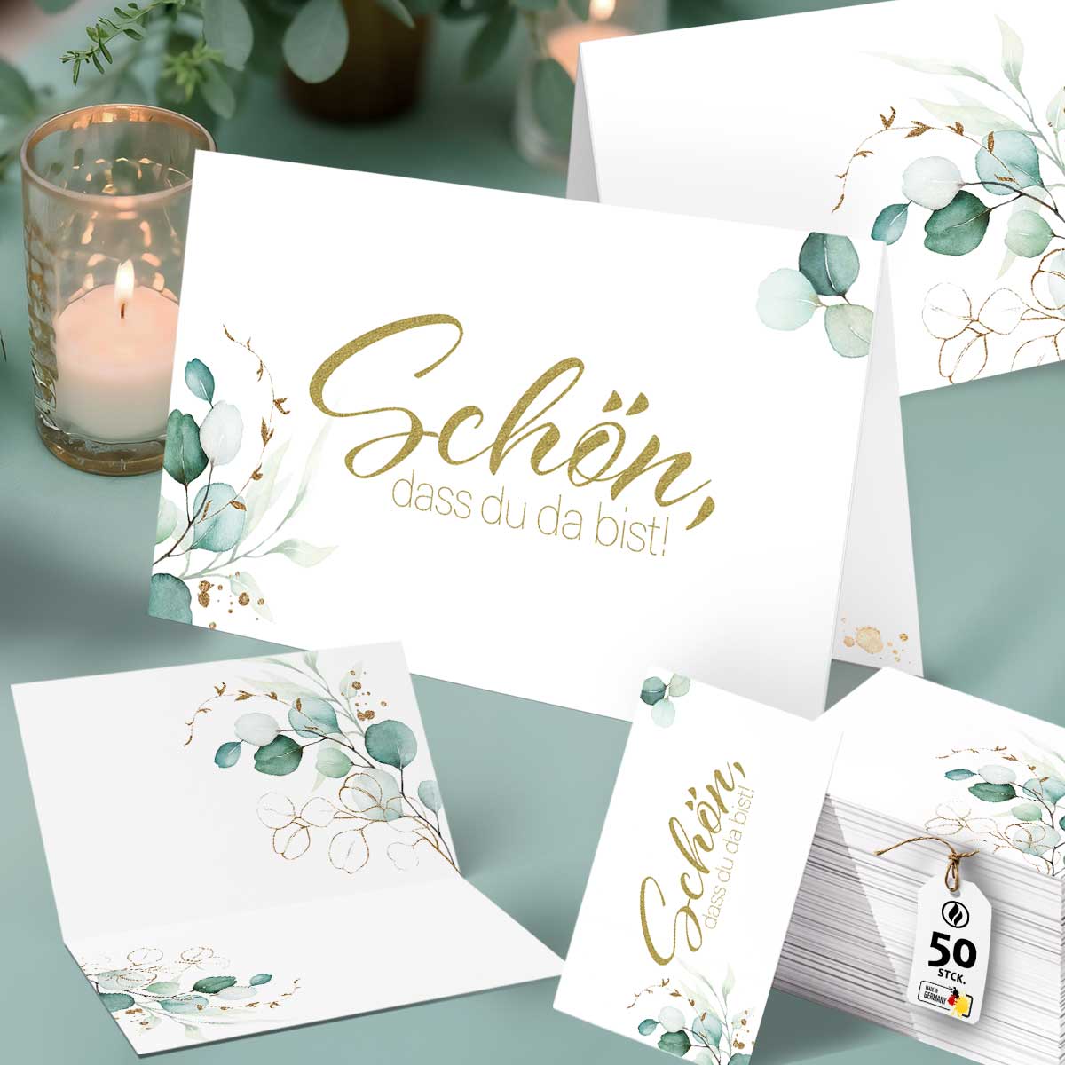 50 Tischkarten Schön dass du da bist - Greenery Efeu Botanical Glow
