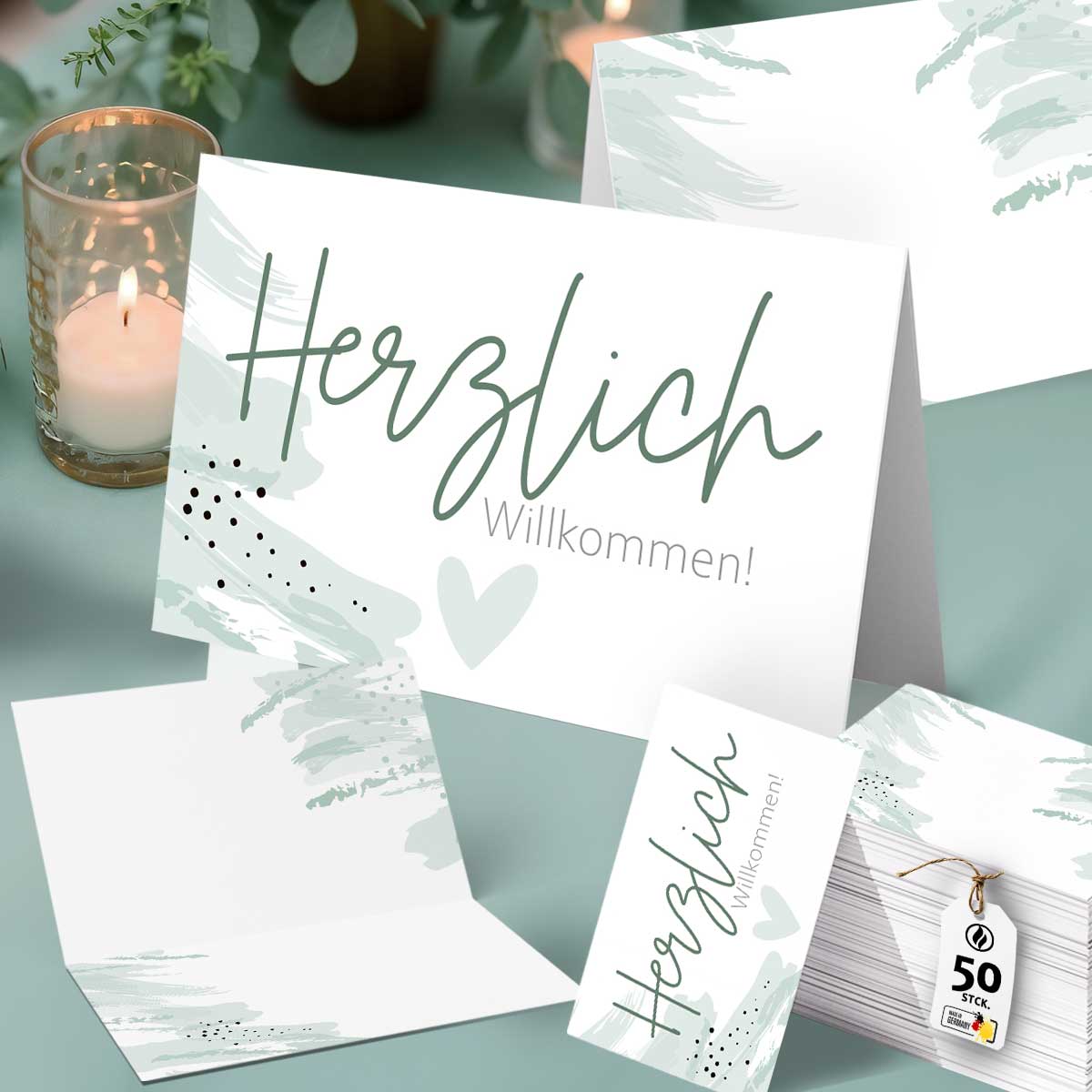 50 Tischkarten Herzlich willkommen - Art Mood Mint Green