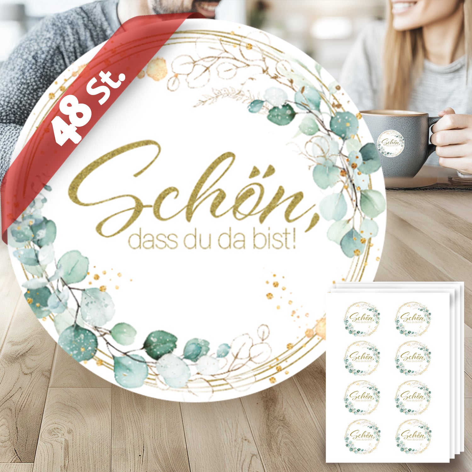 48 Aufkleber Rund Schön dass du da bist, Greenery Efeu Golden Whisper