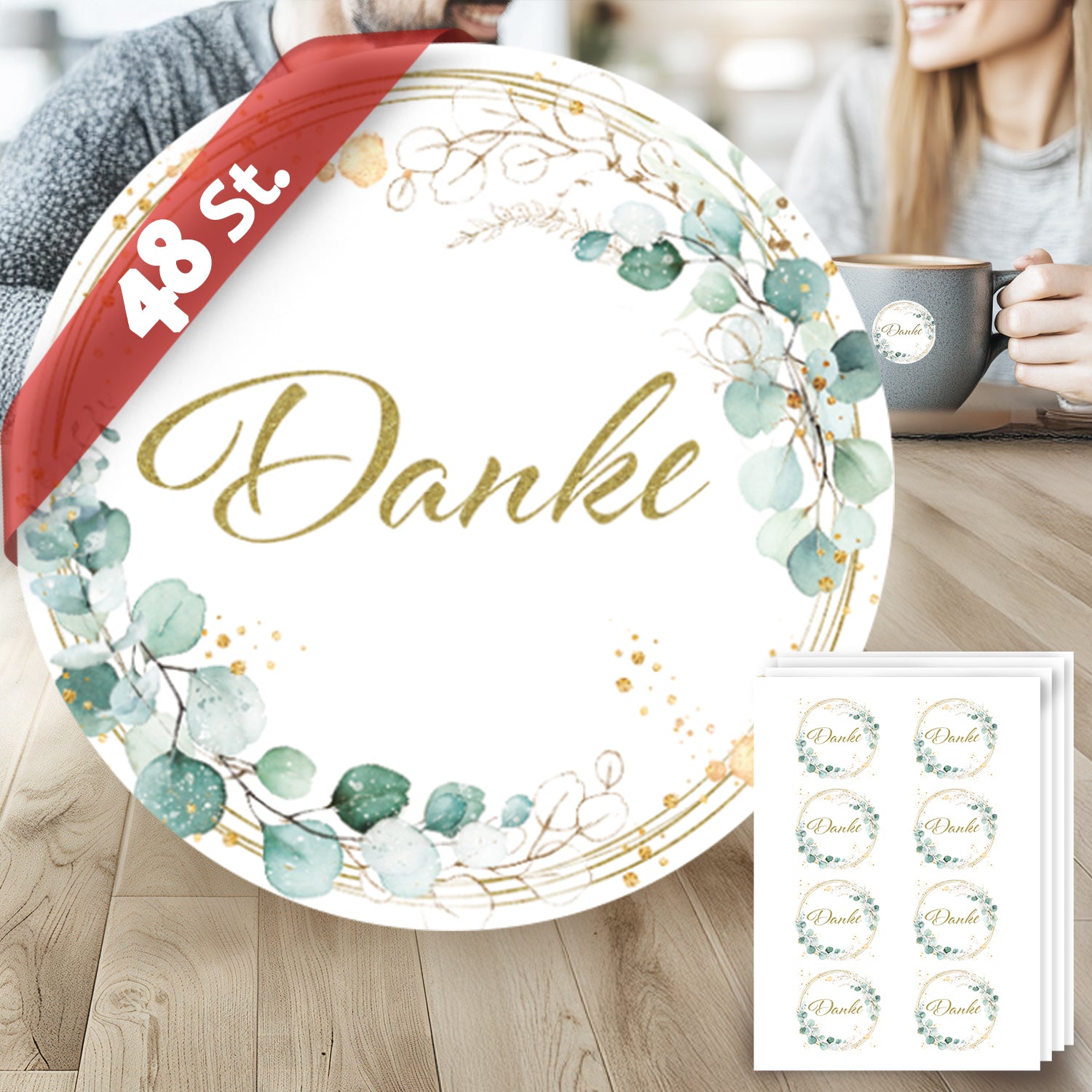 48 Aufkleber rund Danke, Greenery Efeu, Hochzeit Geschenk Goldakzent