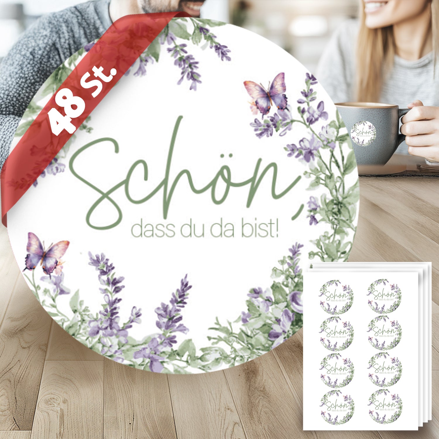 48 Aufkleber Schön dass du da bist, Floral Butterfly Lavendelgrün Rund