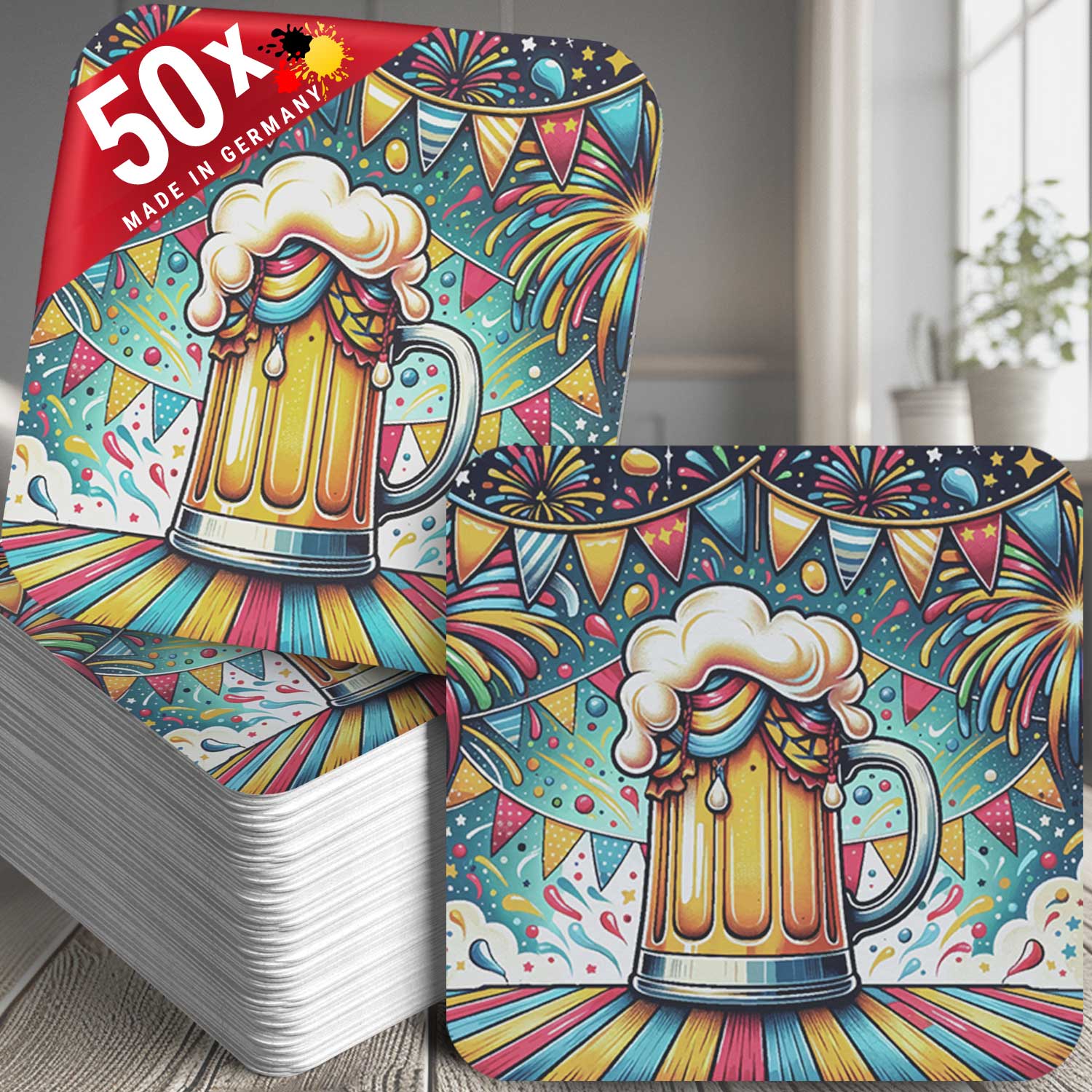 50 Bierdeckel Bierkrug bunt, Party Geburtstag Grillen Feierdeko
