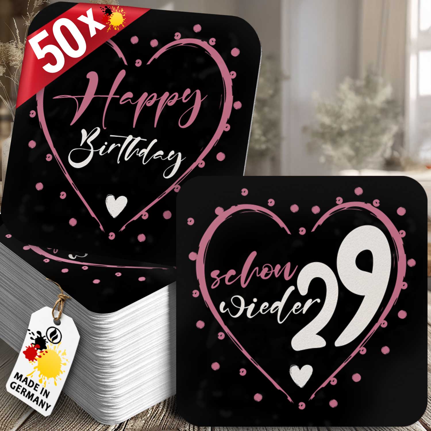 50 lustige Bierdeckel Geburtstag schwarz pink Schon wieder 29 Party Deko Untersetzer