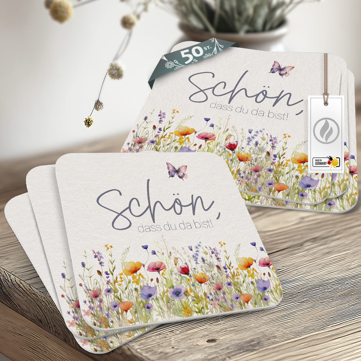 Funke & Brand 50 Bierdeckel Schön, dass du da bist Floral Butterfly Wildblumen