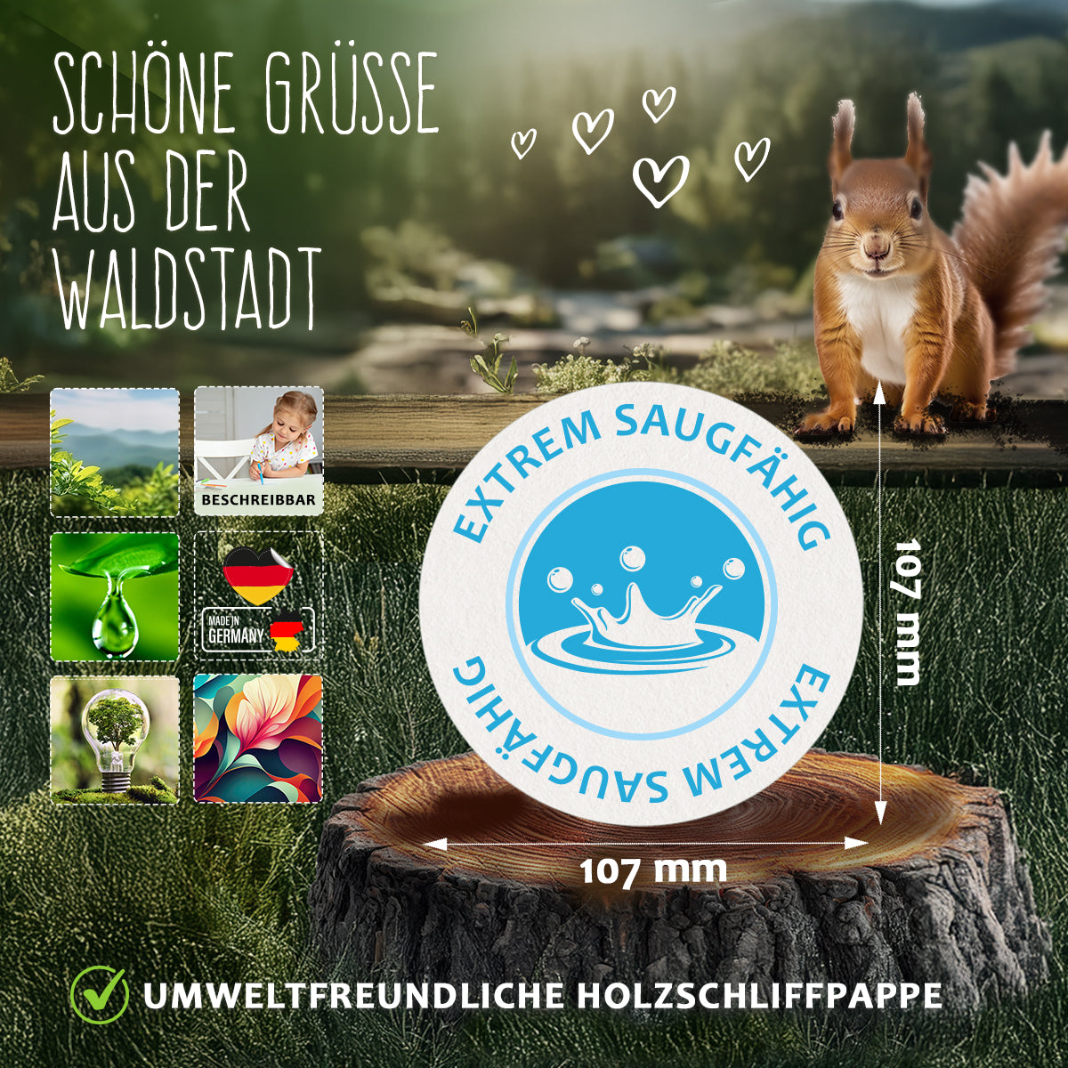 50 Bierdeckel Rund Schön dass du da bist, Herzfunke Kritzelmoment Eukalyptus Mint