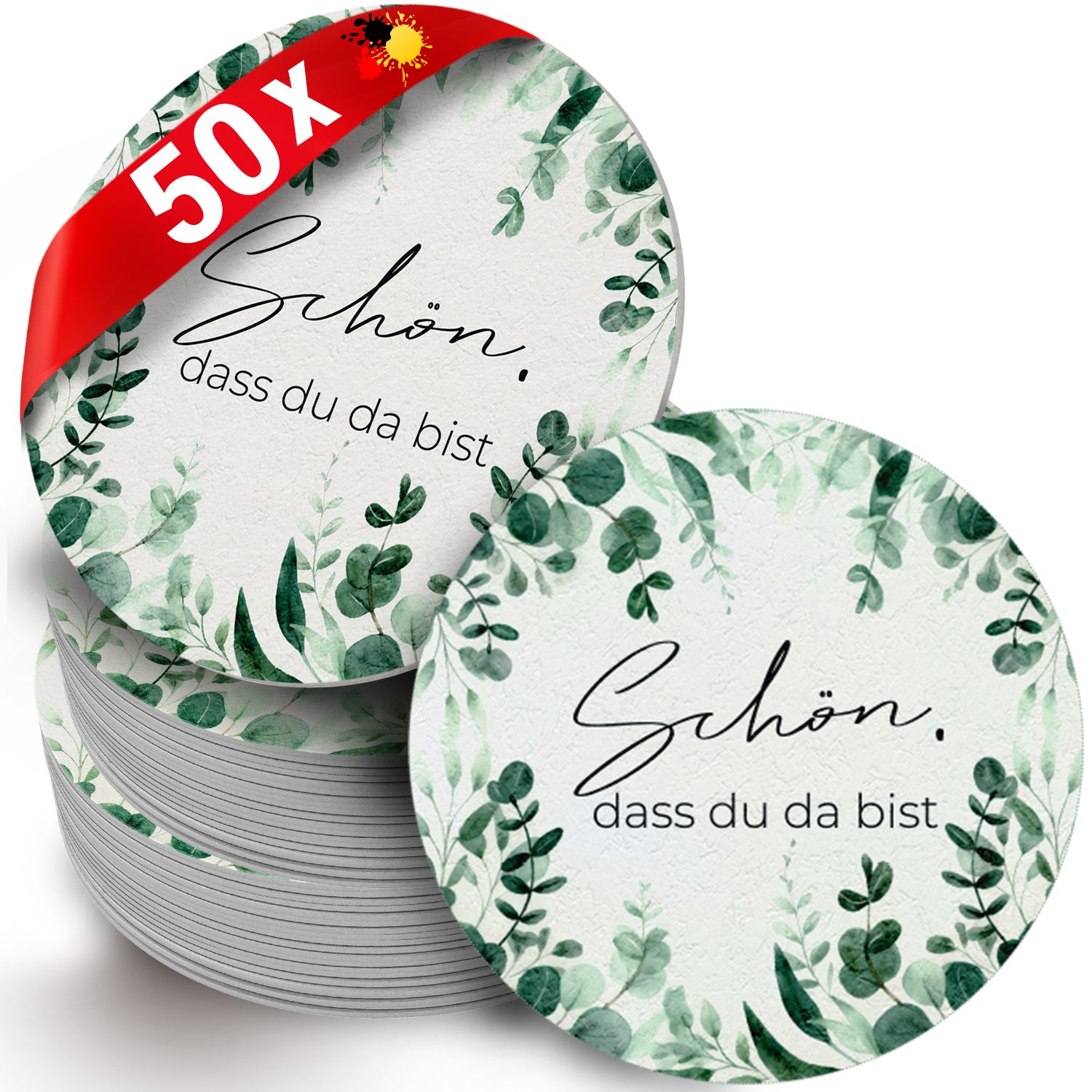 50 Bierdeckel Schön dass du da bist, Greenery Eukalyptus Harmony rund