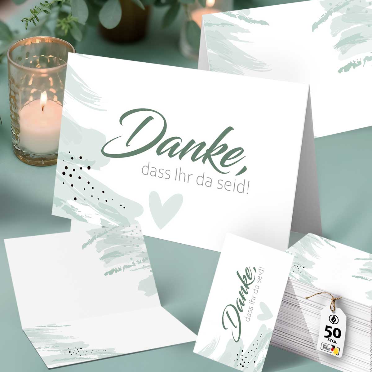 50 Tischkarten Danke, dass ihr da seid - Art Mood Mint Green - Dankeskarten Gäste