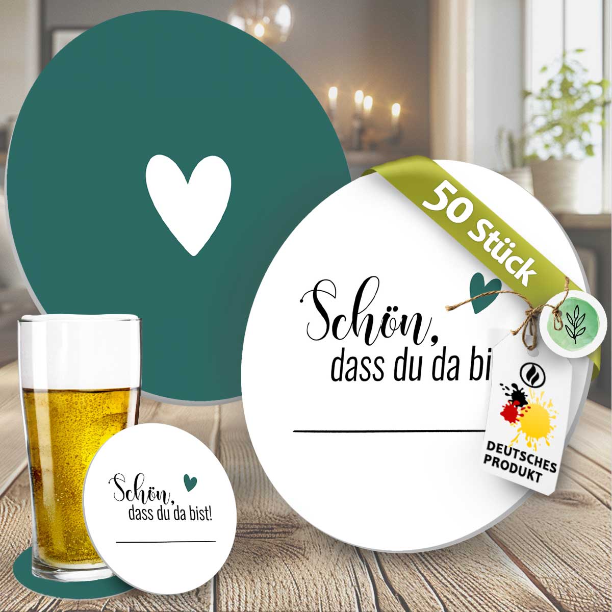 50 Bierdeckel Schön dass du da bist Herz grün, Herzfunke True Heart