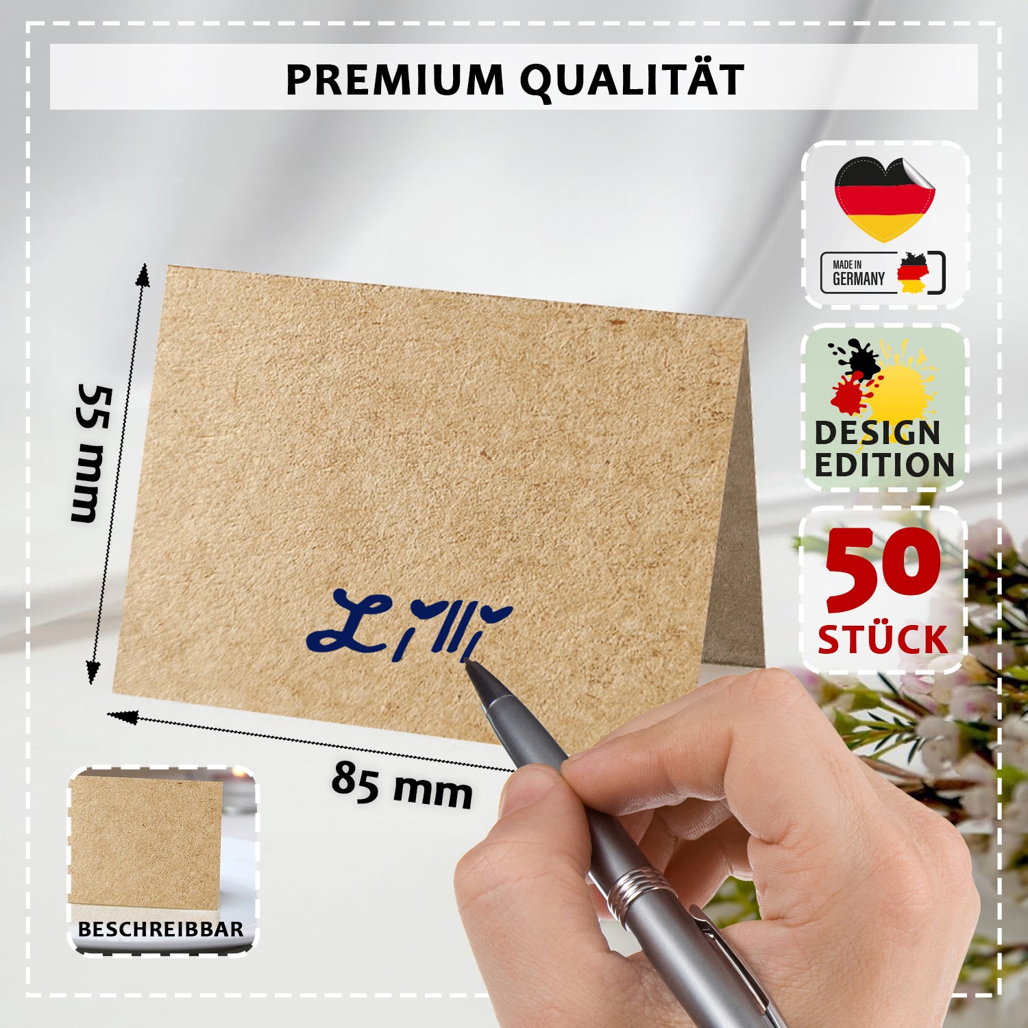 50 Tischkarten Blanko Kraftpapier, Hochzeit rustikal, Natur Braun