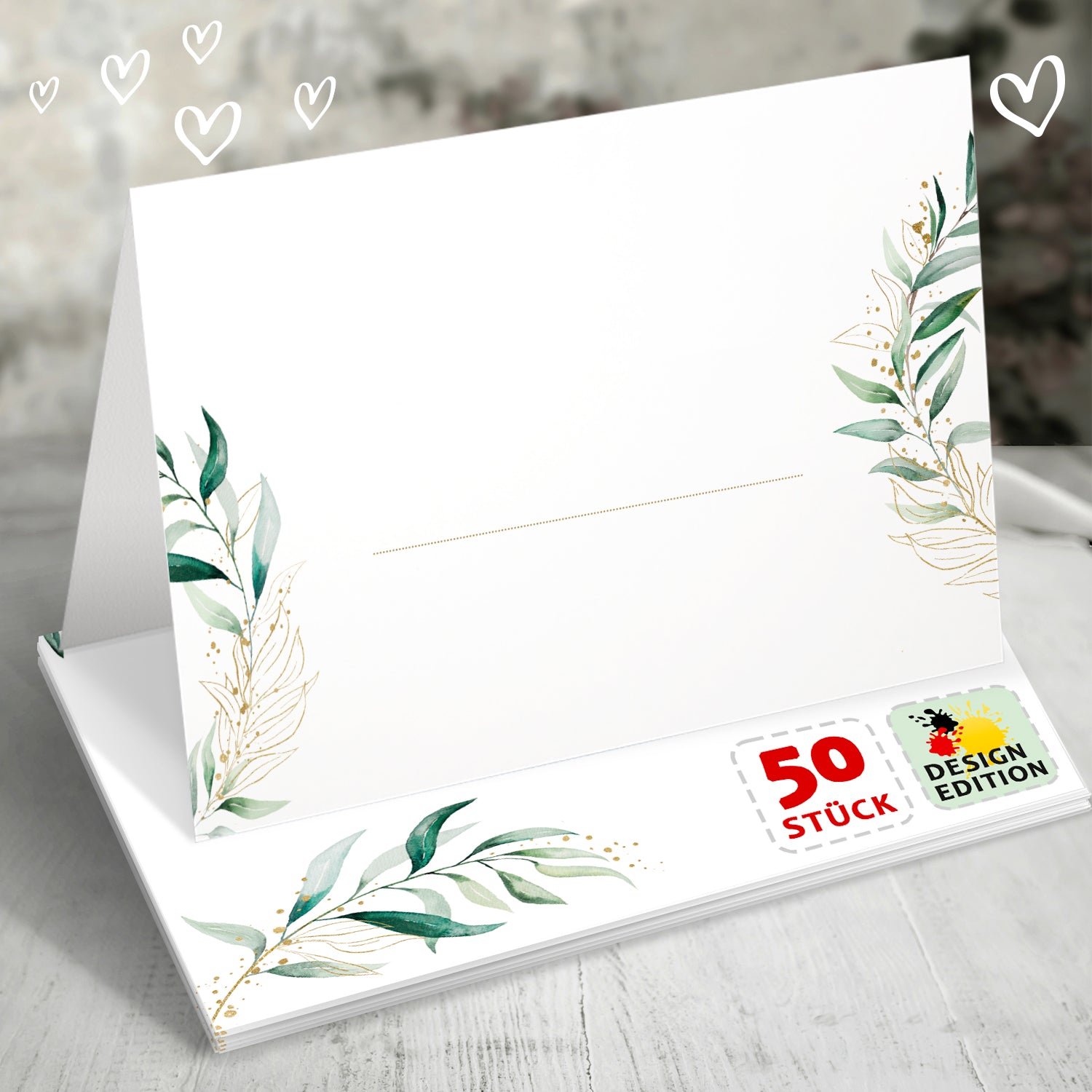 50 Tischkarten floral grün-gold, Hochzeit Elegant Design Edition