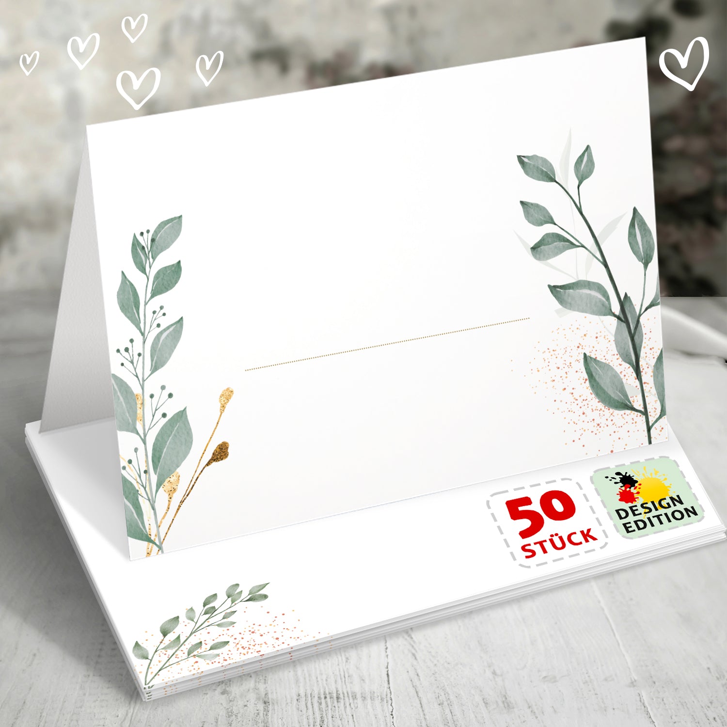 50 Tischkarten Eukalyptus florales Design, Hochzeit Grün Gold