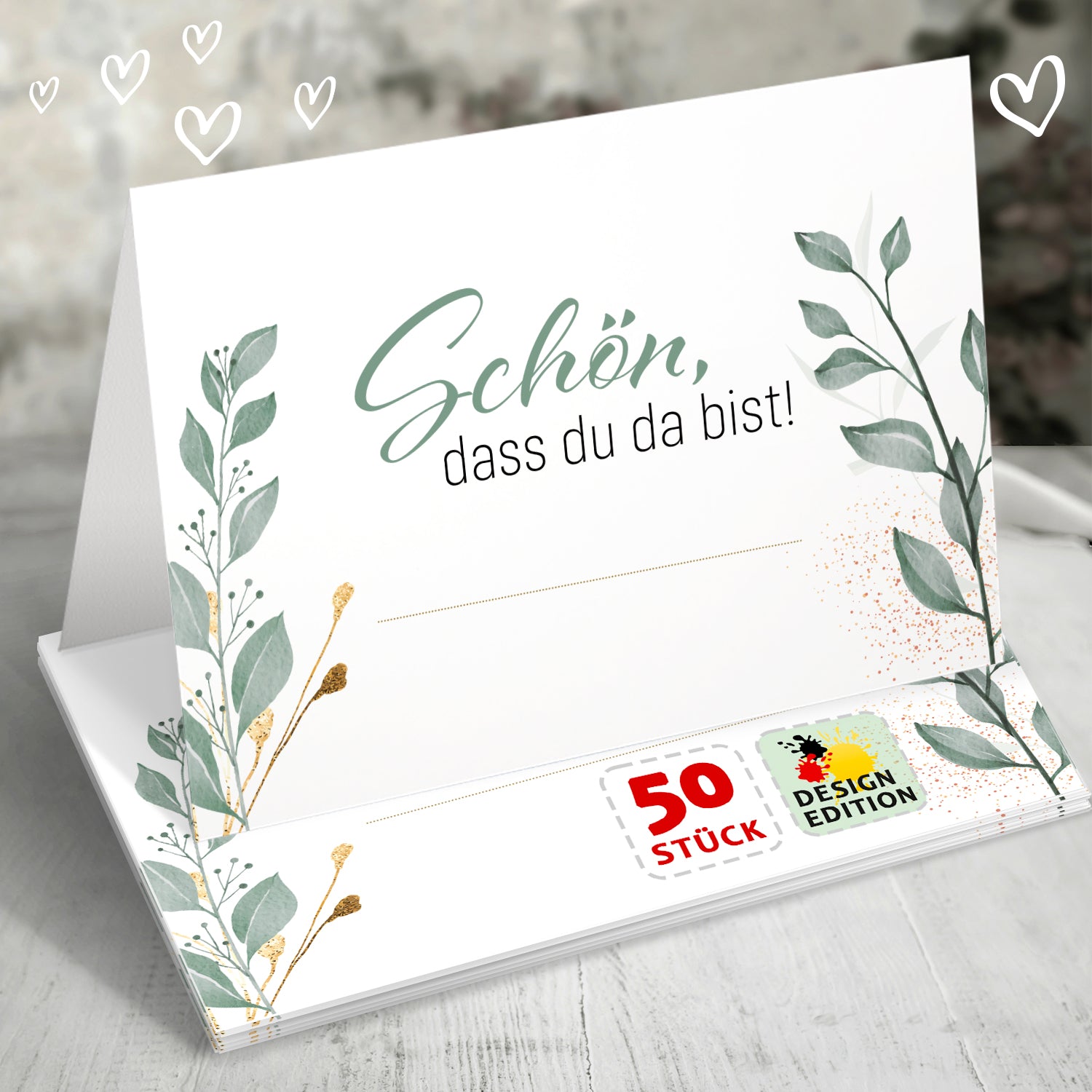 Tischkarten Hochzeit Eukalyptus - Schön dass du da bist! 50 Klappkarten botanisch