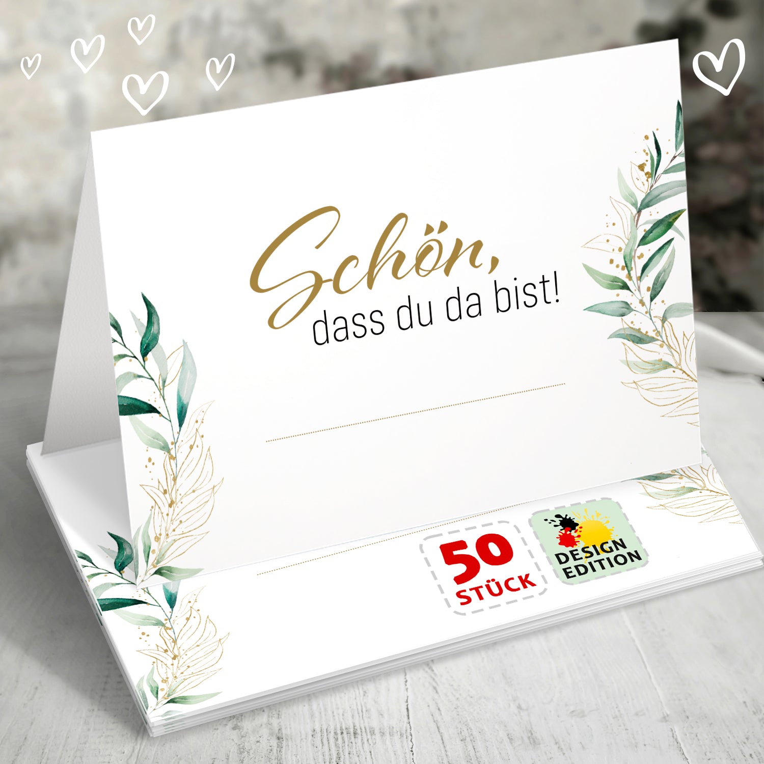50 Tischkarten Hochzeit Eukalyptus Floral Goldakzente Schön dass du da bist Deko