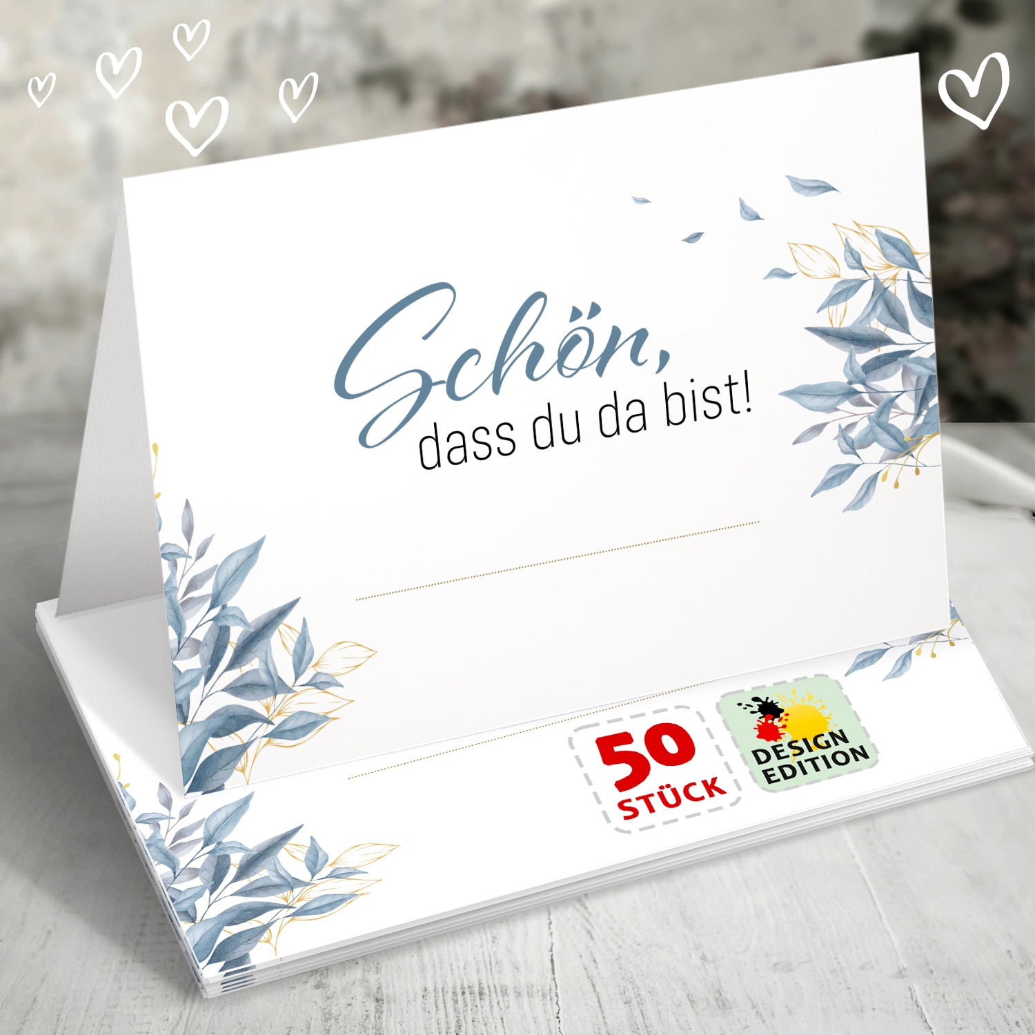 50 Tischkarten Hochzeit - Schön dass du da bist - Floral Eukalyptus Gold Design Edition