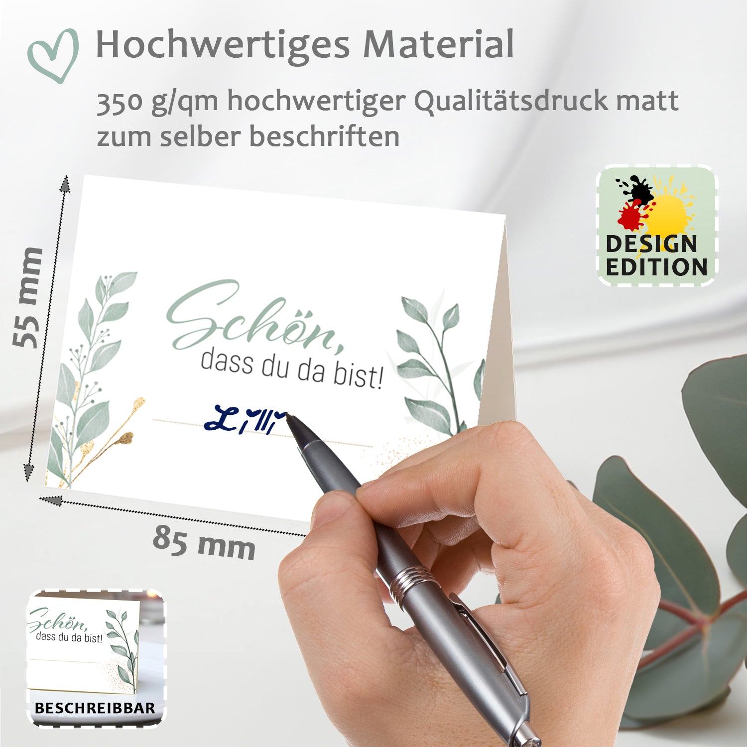 Tischkarten Hochzeit Eukalyptus - Schön dass du da bist! 50 Klappkarten botanisch