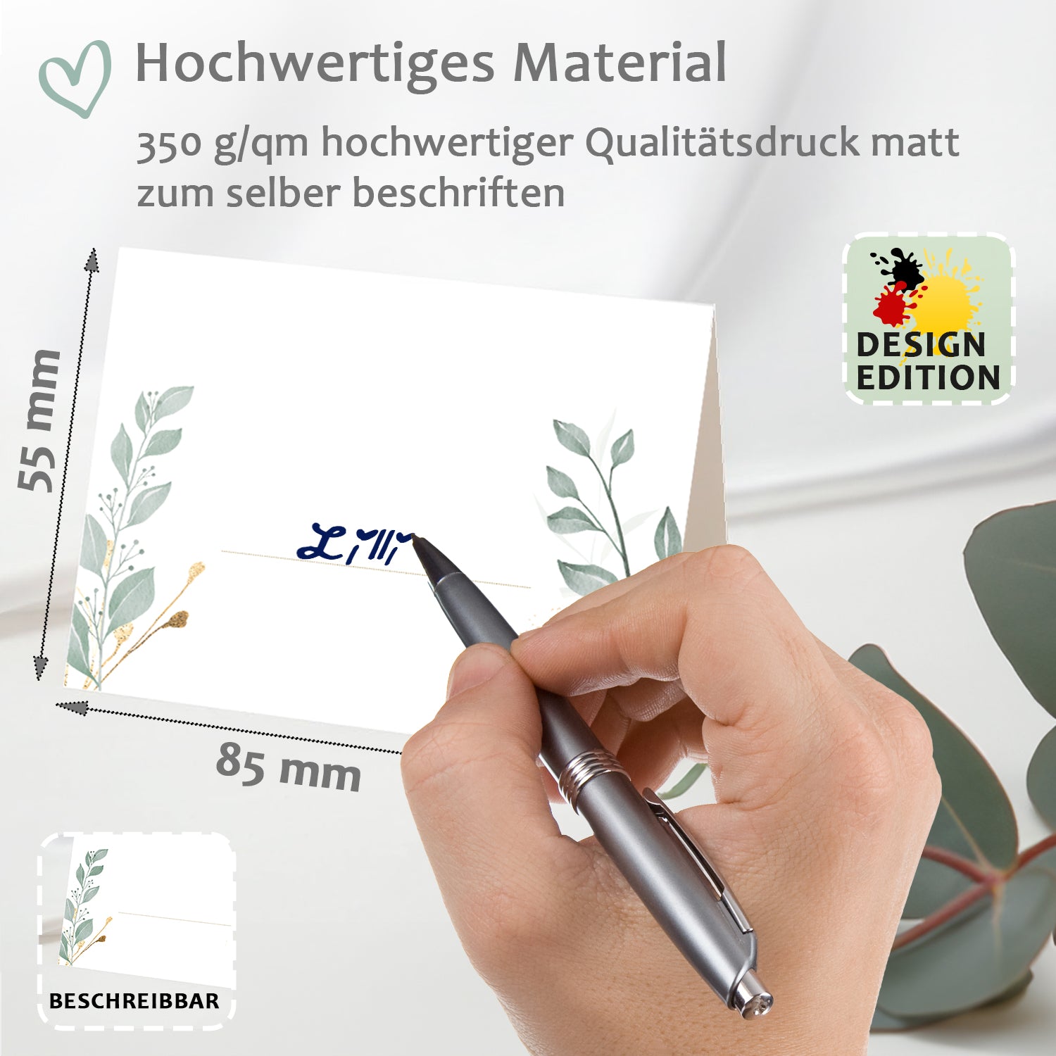 50 Tischkarten Eukalyptus florales Design, Hochzeit Grün Gold