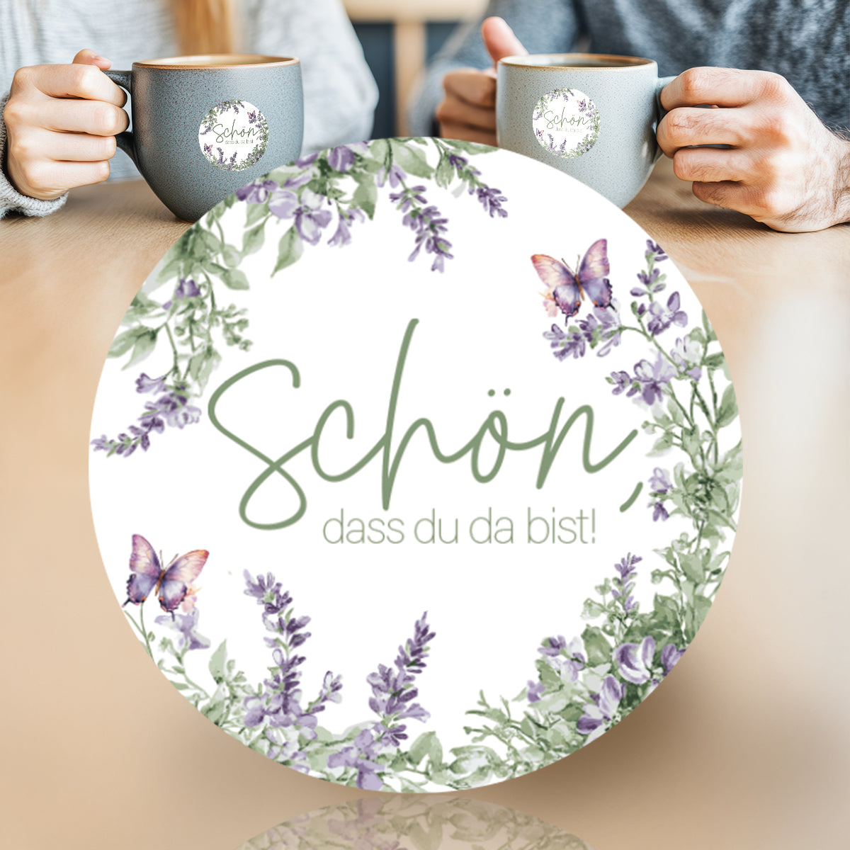 48 Aufkleber Schön dass du da bist, Floral Butterfly Lavendelgrün Rund