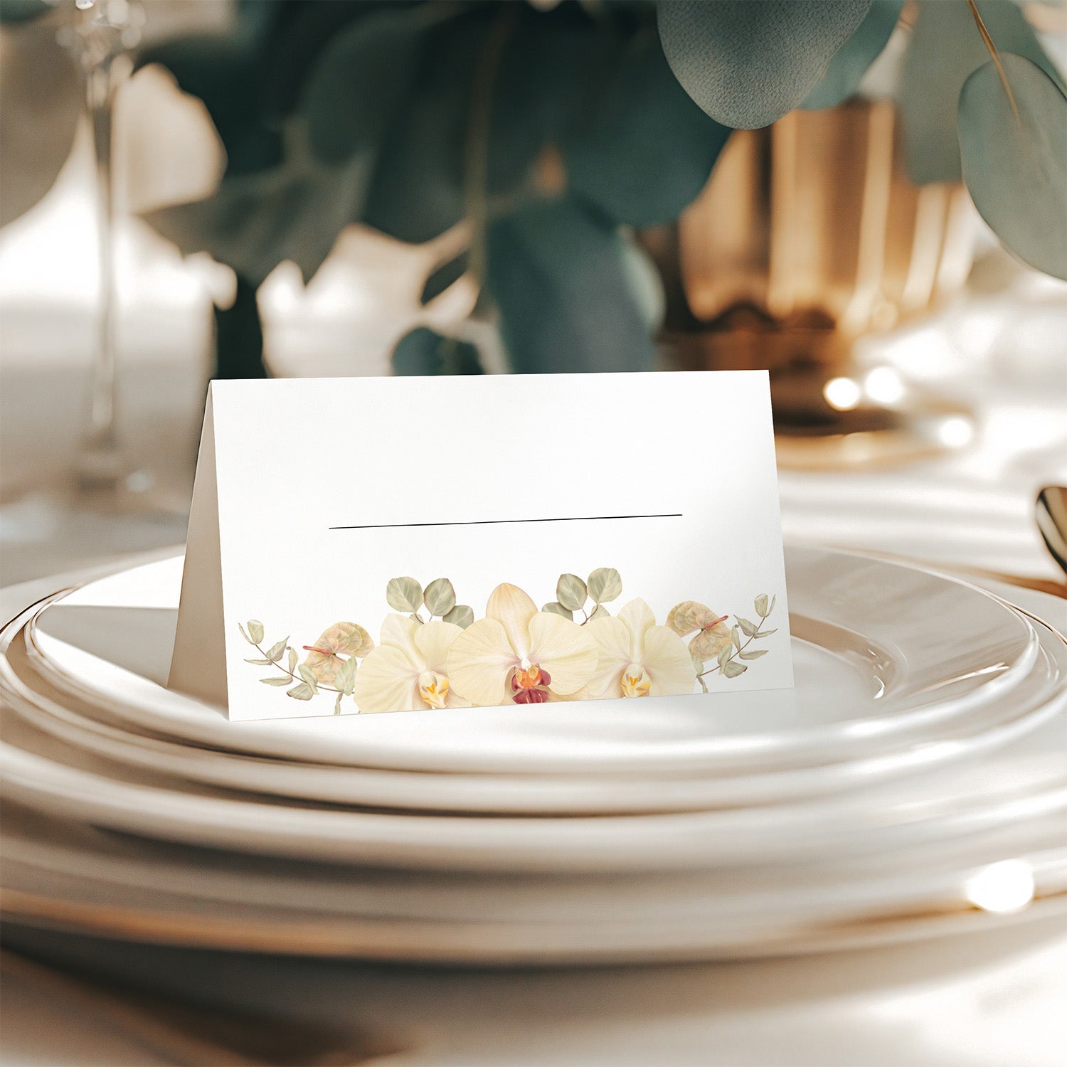 Tischkarten Orchidee mit Eukalyptus