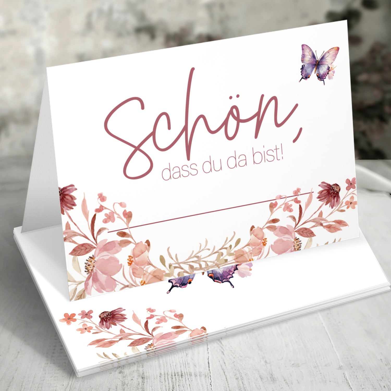 50 Tischkarten Hochzeit Schön dass du da bist floral rosa Schmetterling elegant herzlich