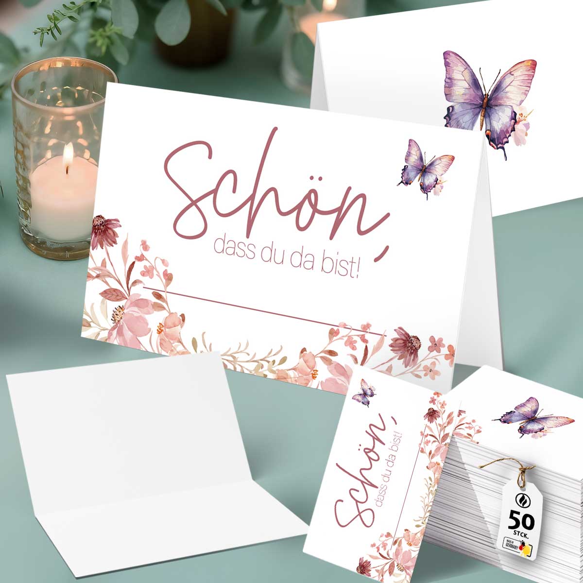 50 Tischkarten Hochzeit Schön dass du da bist florales Design mit Blumen Schmetterling