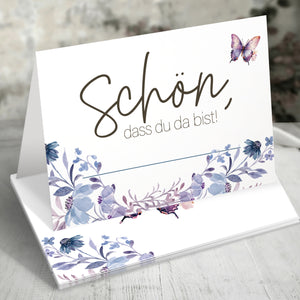 50 Tischkarten Hochzeit Schön dass du da bist floral Schmetterling lila Deko