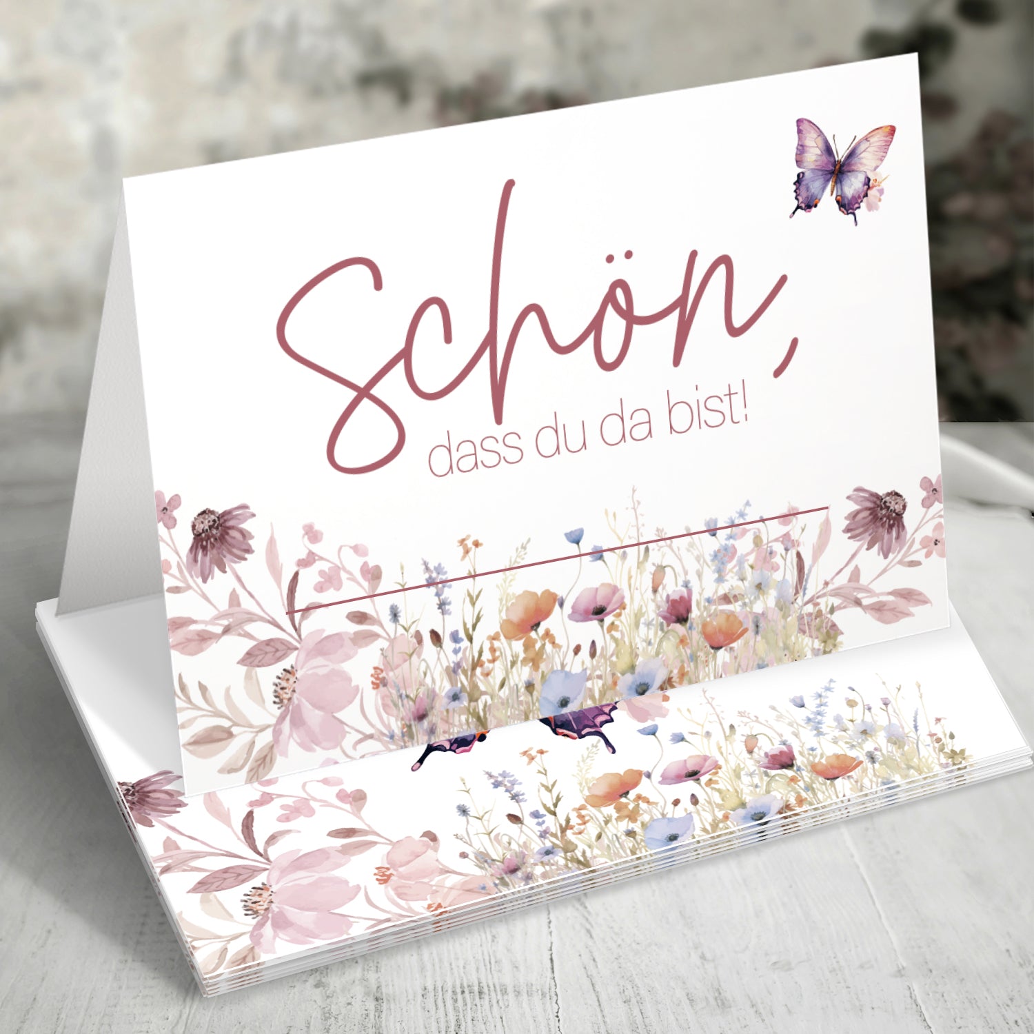50 Tischkarten "Schön, dass du da bist!" Floral Butterfly Wiesenblumen