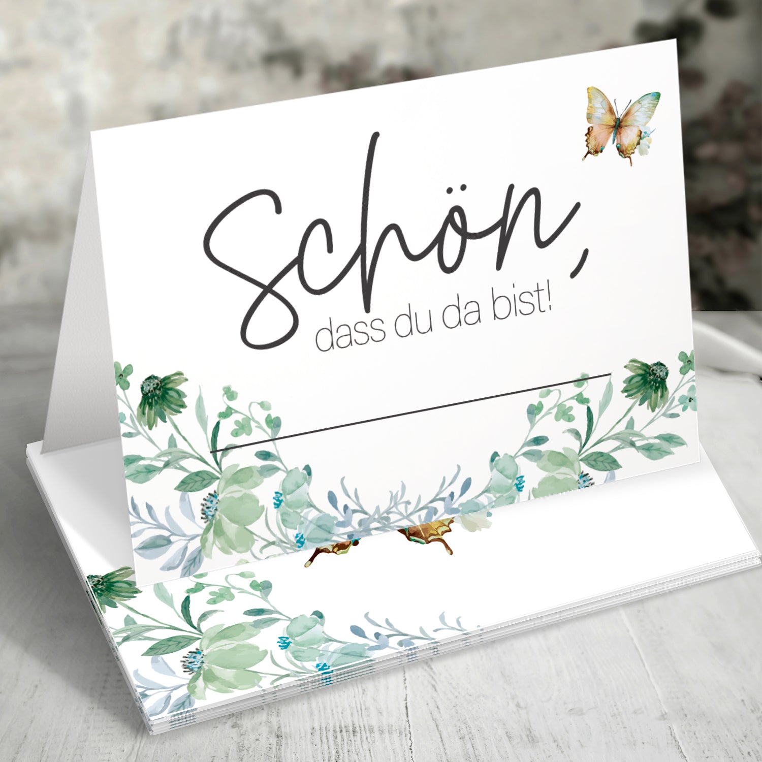 50 Tischkarten "Schön, dass du da bist!" Floral Butterfly Salbeigrün