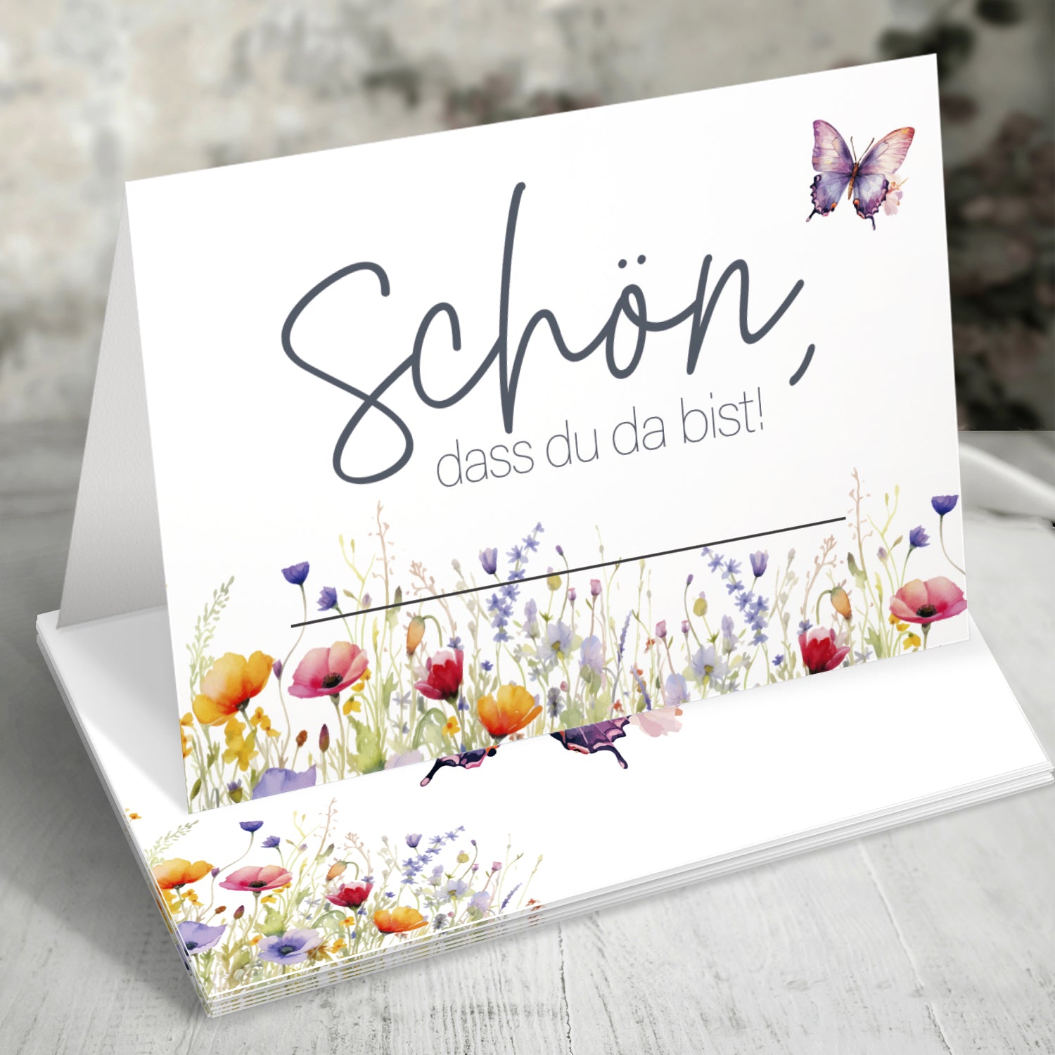 50 Tischkarten "Schön, dass du da bist!" Floral Butterfly Wildblumen