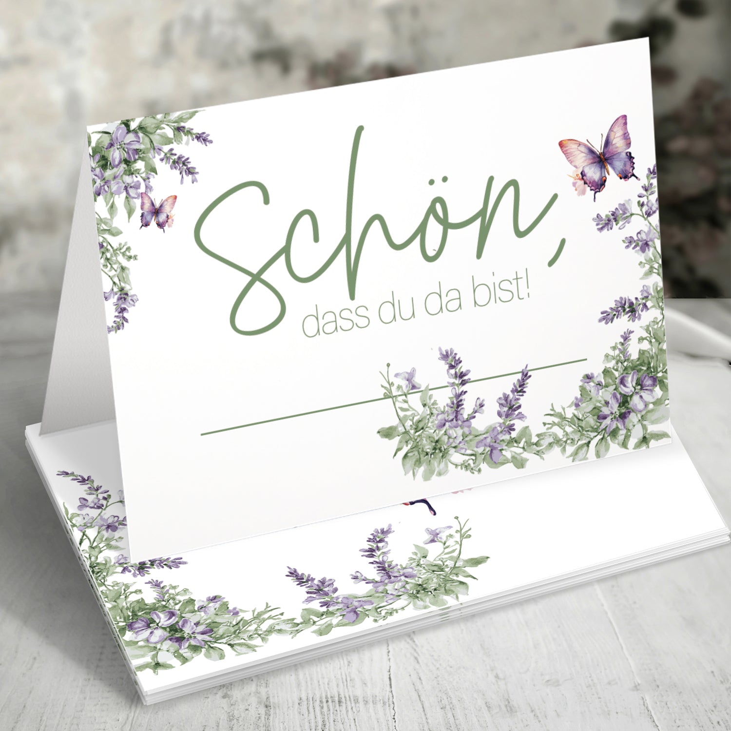 50 Tischkarten "Schön, dass du da bist!" Floral Butterfly Lavendelgrün