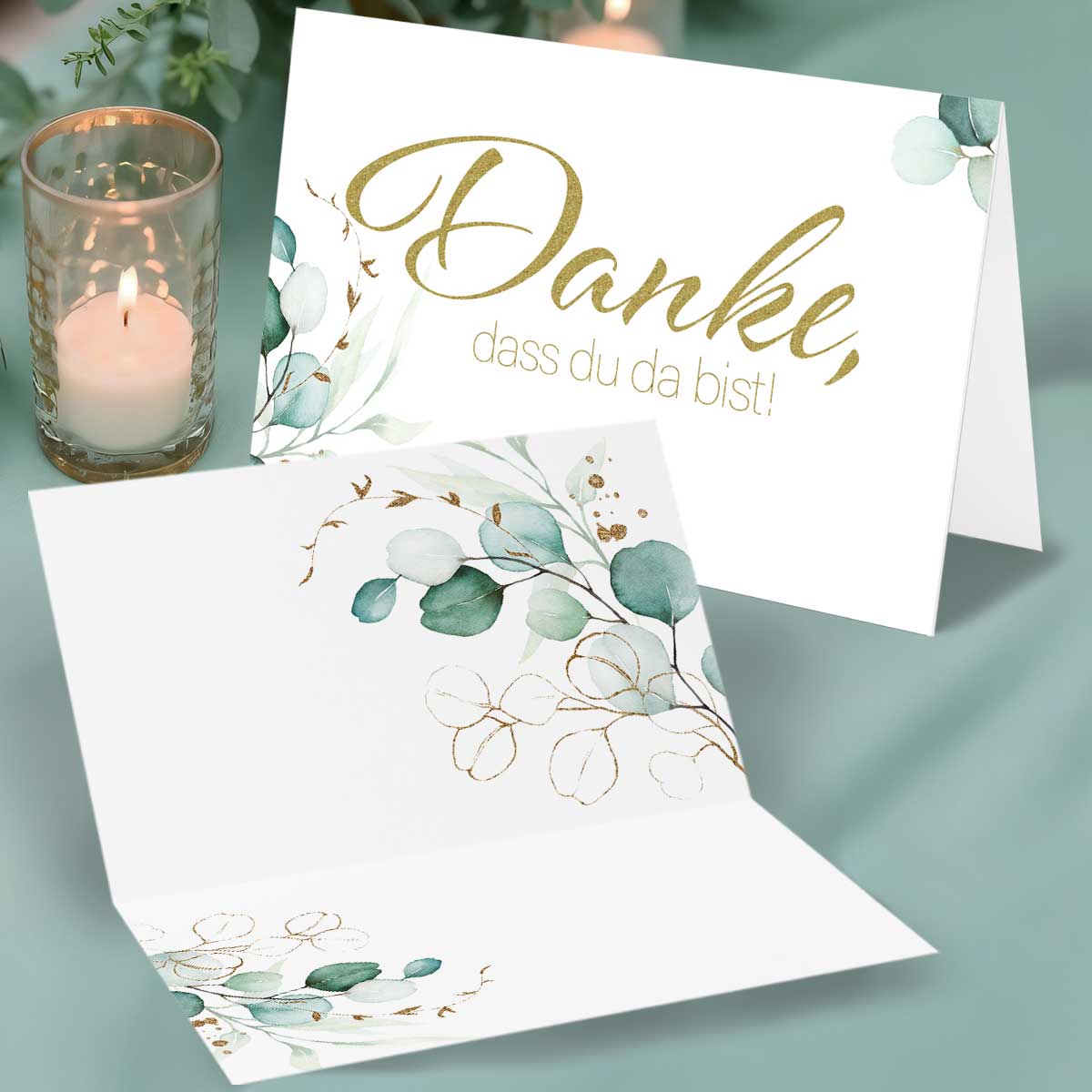 50 Tischkarten Danke, dass du da bist - Greenery Efeu Eukalyptus Gold - Danke