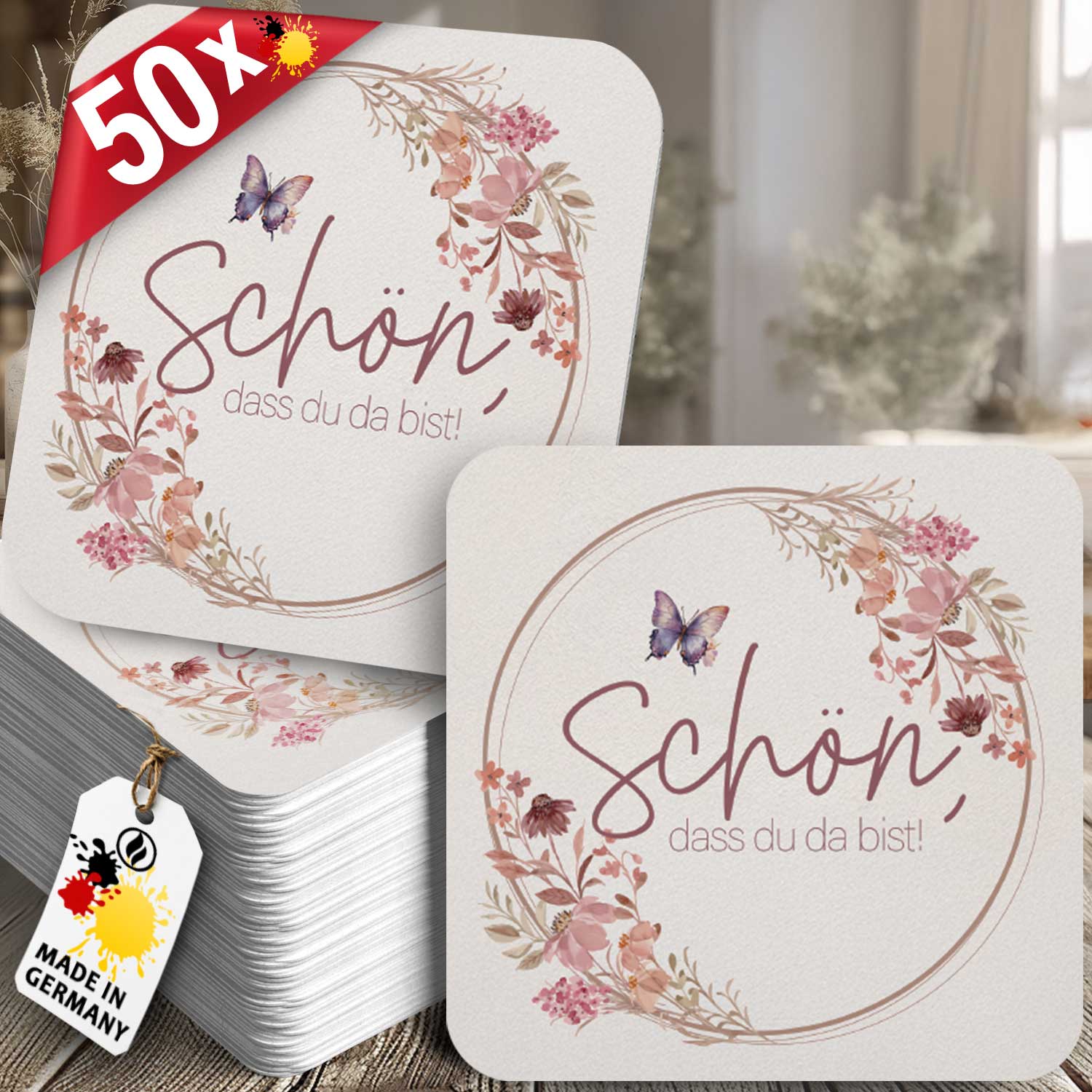 50 Bierdeckel "Schön, dass du da bist" - Floral Butterfly Altrosé