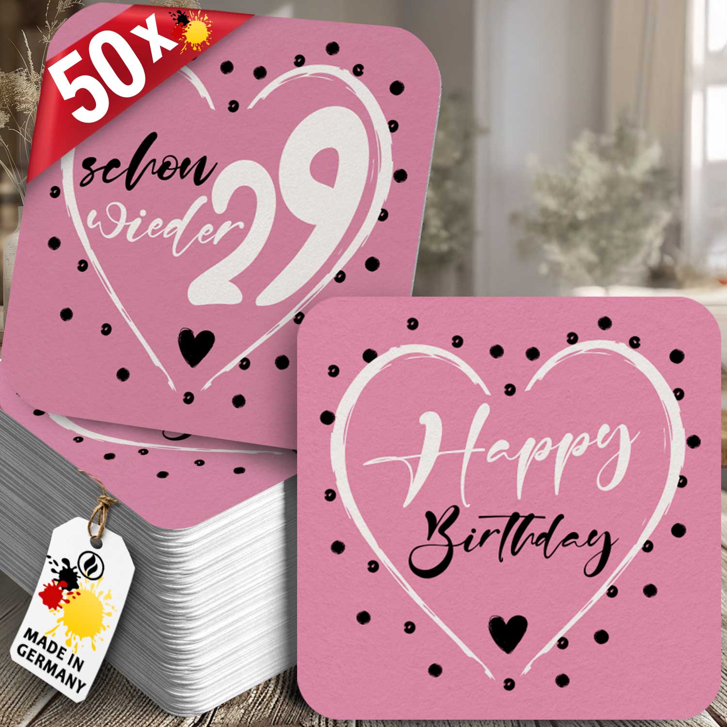 50 Bierdeckel Geburtstag, Schon wieder 29 Herz, Schon wieder 29 Pink