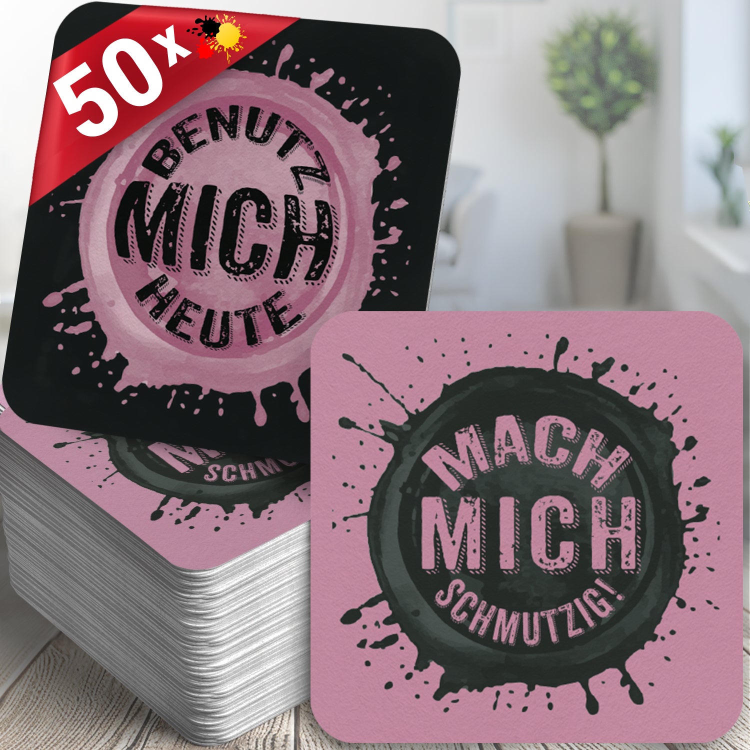 Freche Bierdeckel - 50er Set mit Zweideutigen Sprüchen "Mach mich schmutzig" & "Benutz mich heute"
