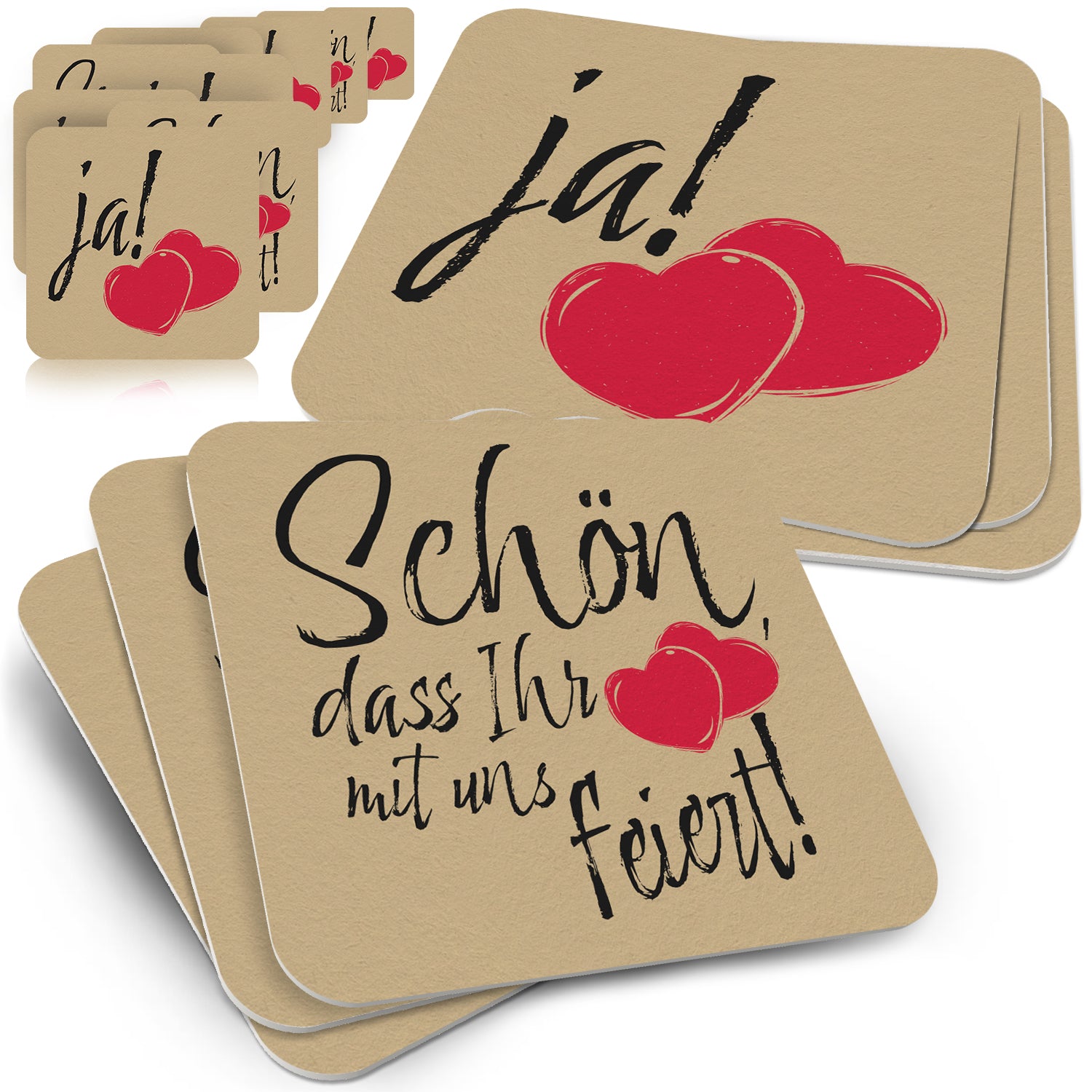 Bierdeckel Hochzeit "Ja! Schön, dass ihr mit uns feiert" – 50 Stück