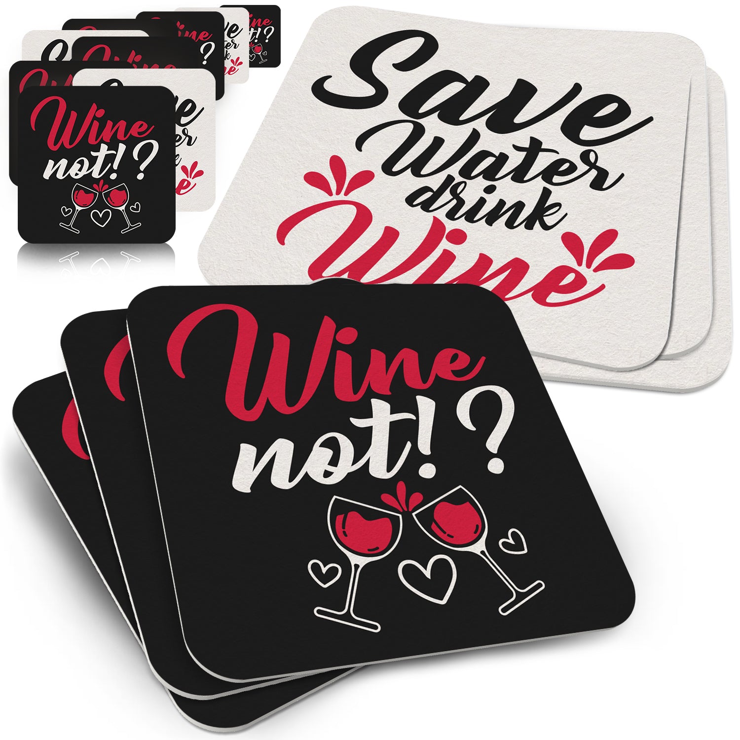 Wein Bierdeckel "Wine Not" & "Save Water Drink Wine" - 50er Set